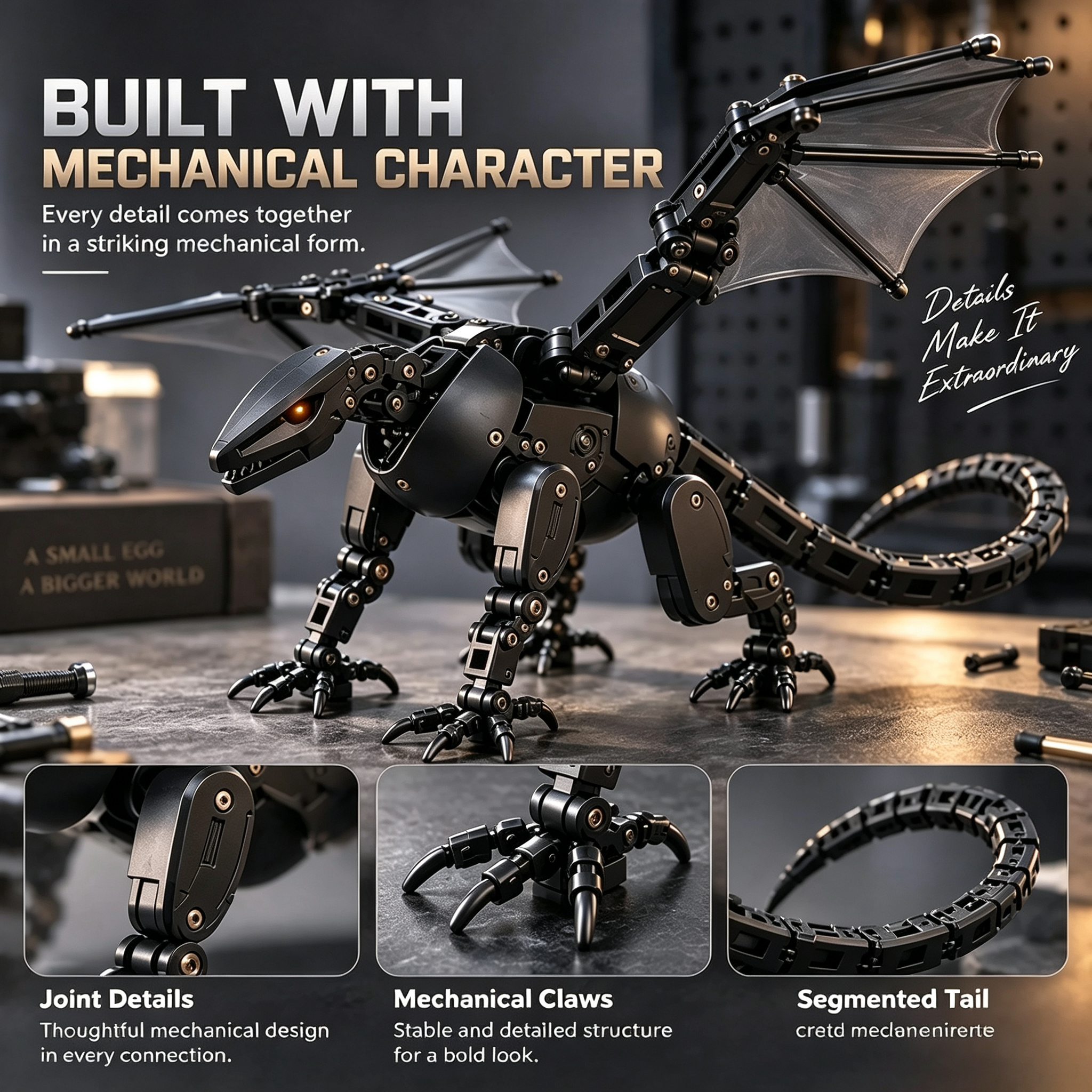Close up of mechanical dragon joints