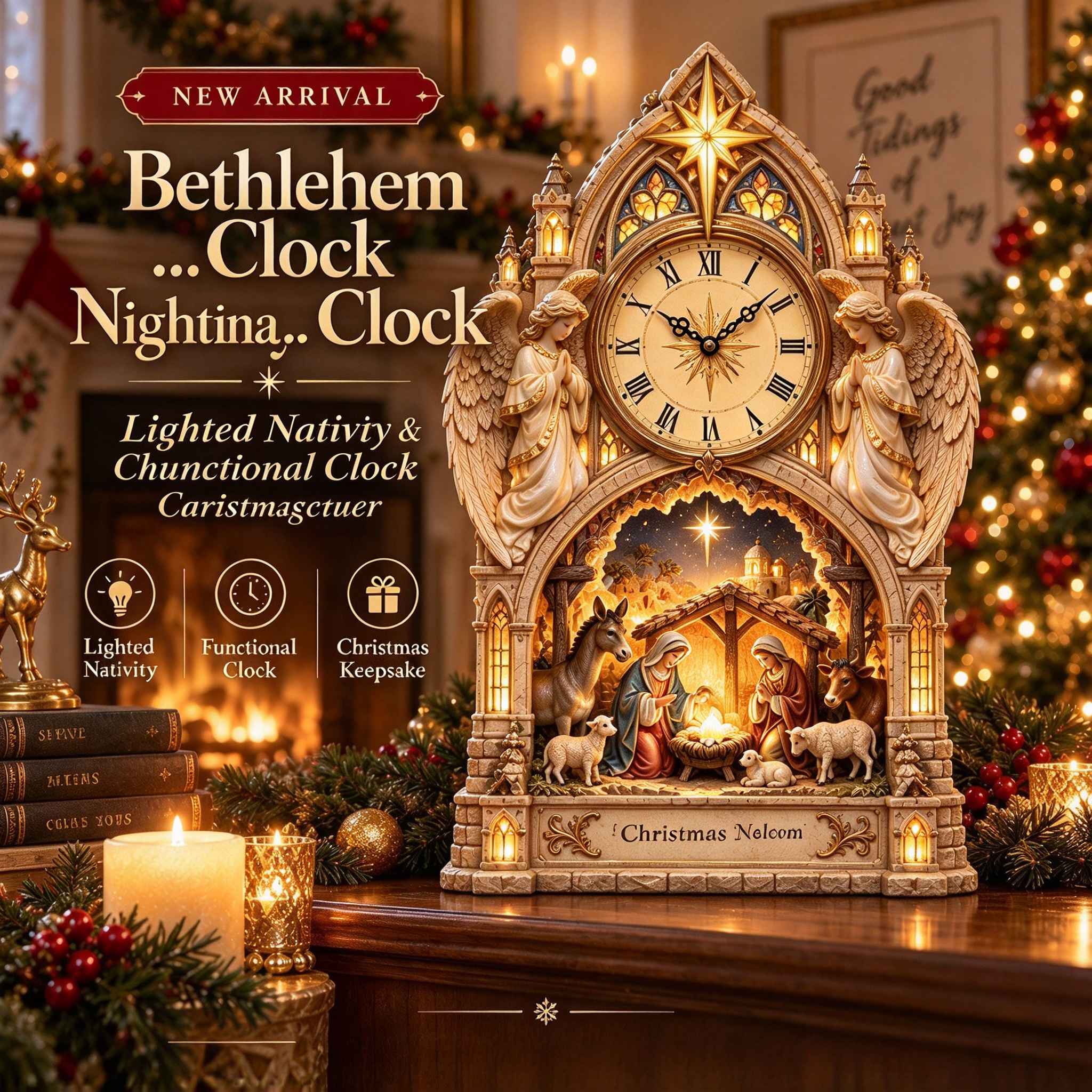 Bethlehem Cathedral lighted Nativity mantel clock