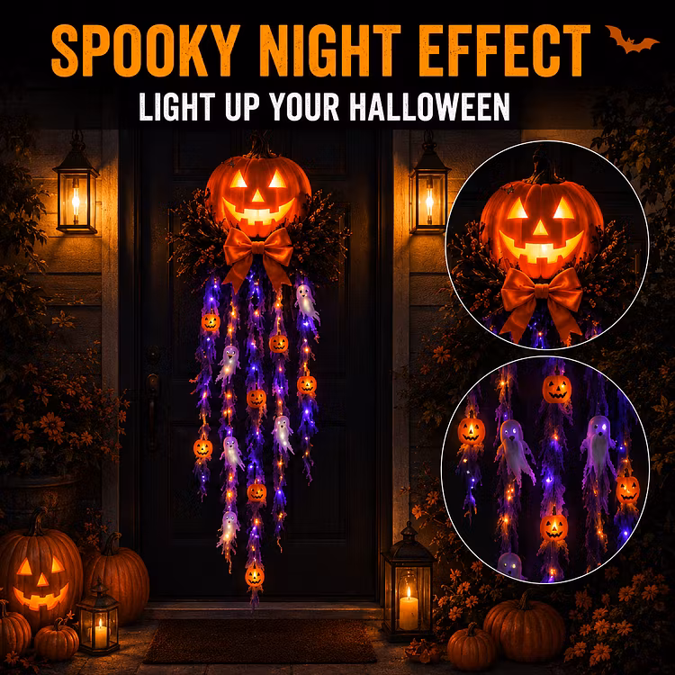 🎃 Haunted Glow – Lighted Pumpkin & Ghost Door Cascade 👻