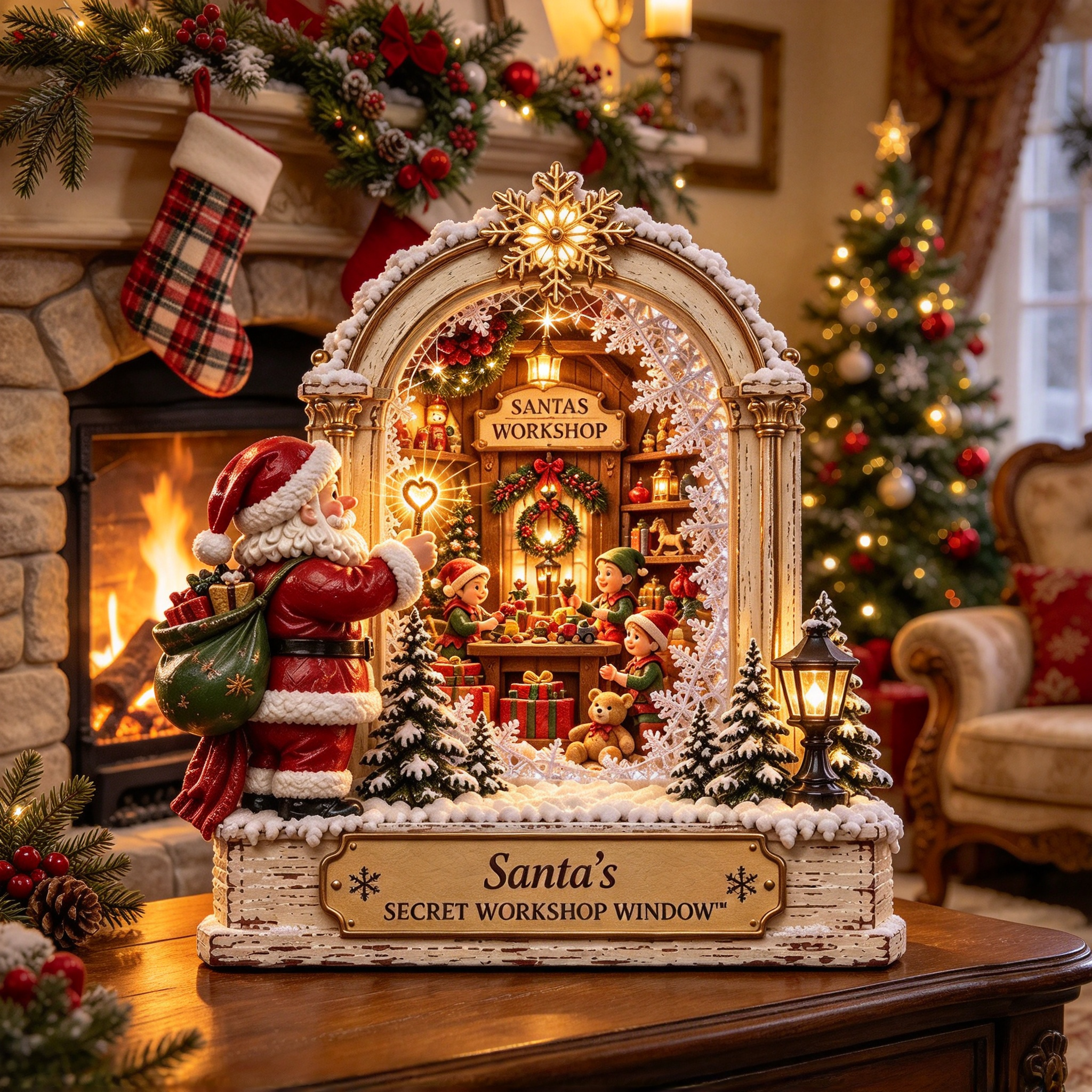 Santa's Workshop window displayed on a side table beside a decorated Christmas mantel