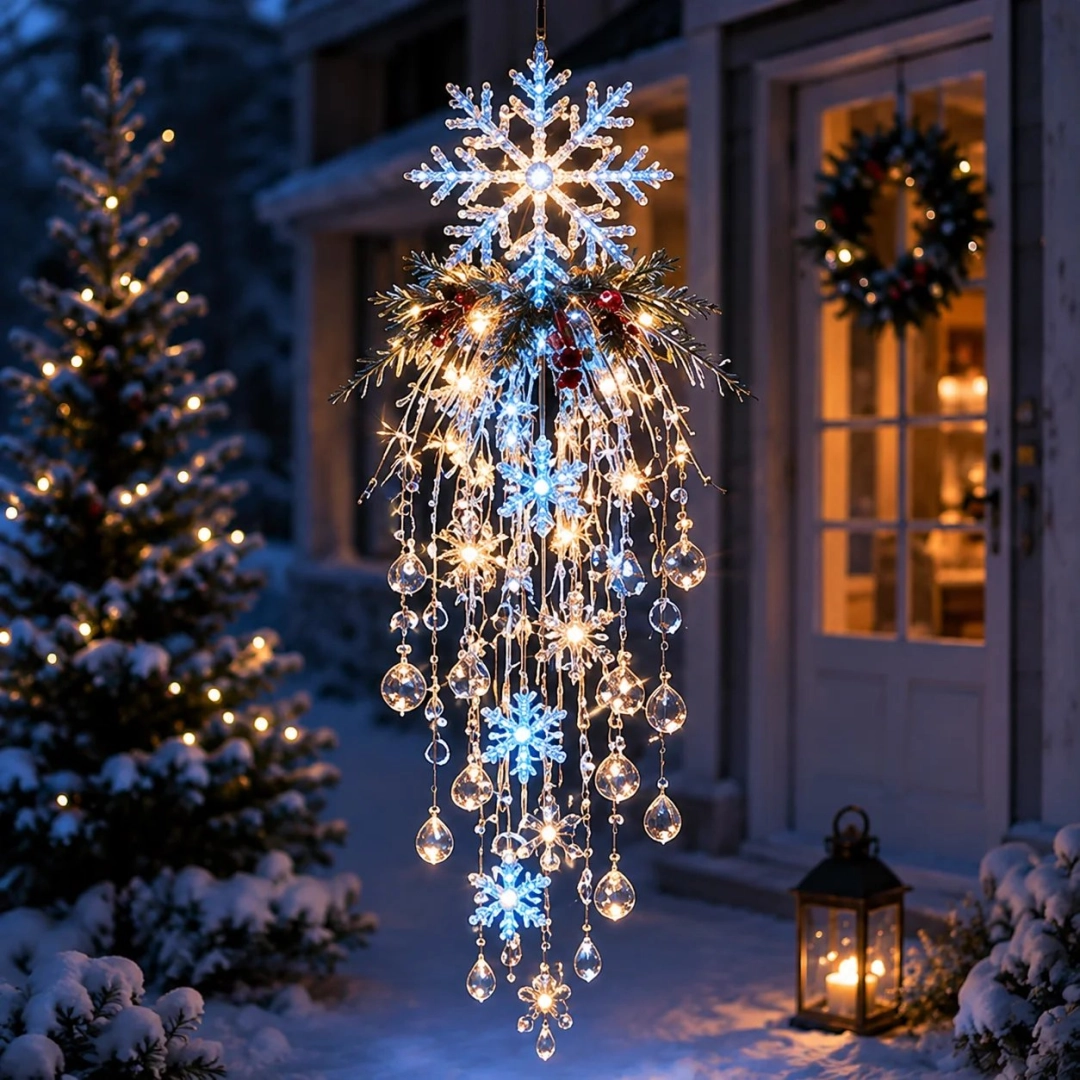 Frostfall Crystal Ornament – Hanging Snowflake LED Porch Light❄️