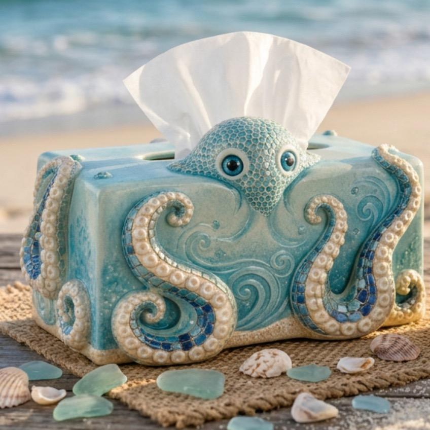 Coastal Octopus Tissue Box & Salt Pepper Shaker Holder Set