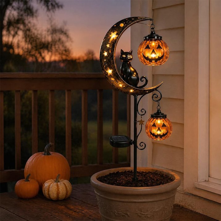 Moonlit Halloween Garden Light Set – Black Cat, Crescent Moon & Pumpkin🐱