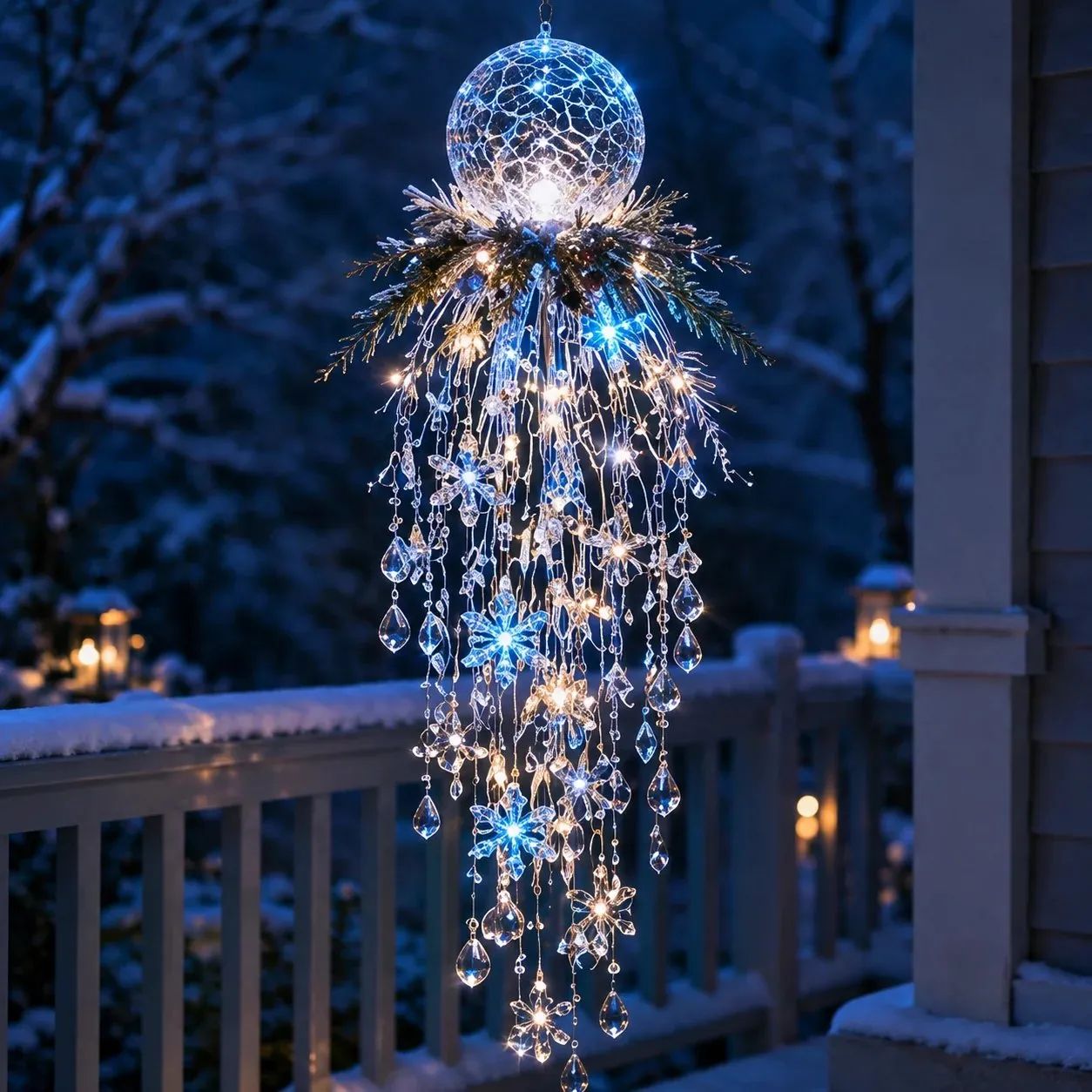Frostfall Crystal Ornament – Hanging Snowflake LED Porch Light❄️