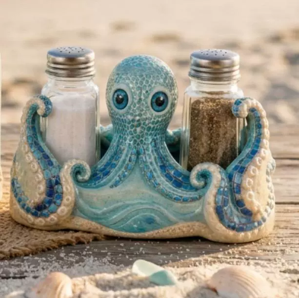Coastal Octopus Tissue Box & Salt Pepper Shaker Holder Set