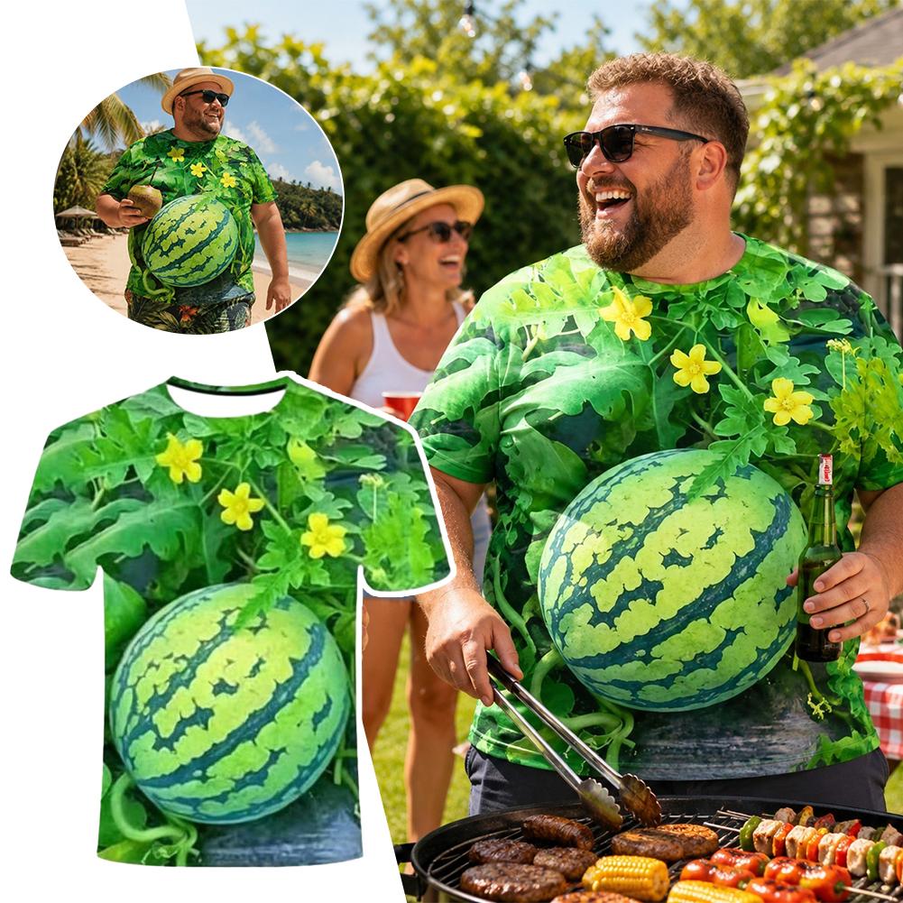 Funny 3D Watermelon Belly T Shirt, Summer Fruit Graphic Tee, Novelty Dad BOD Shirt, Lightweight Loose Fit
