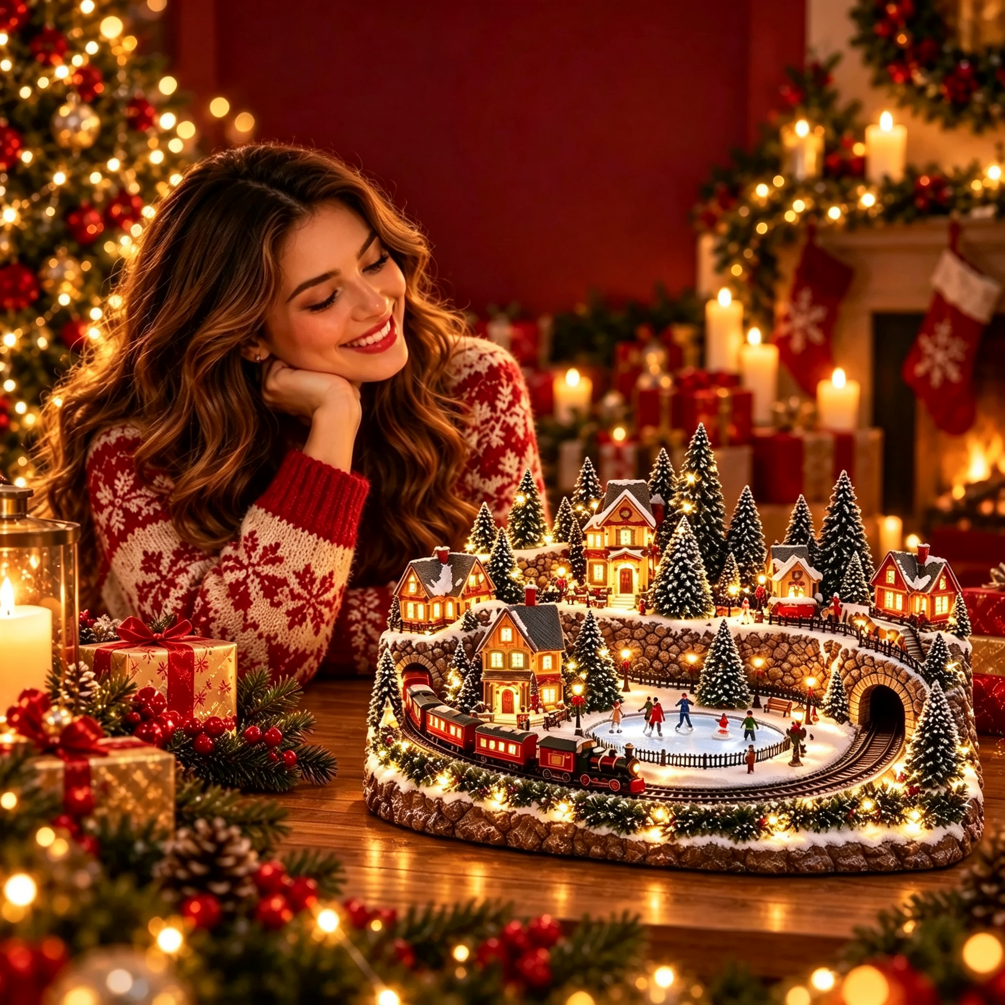 🚂 Animated Holiday Train & Ice Rink Scene – Lighted Christmas Tabletop Decor 🎄