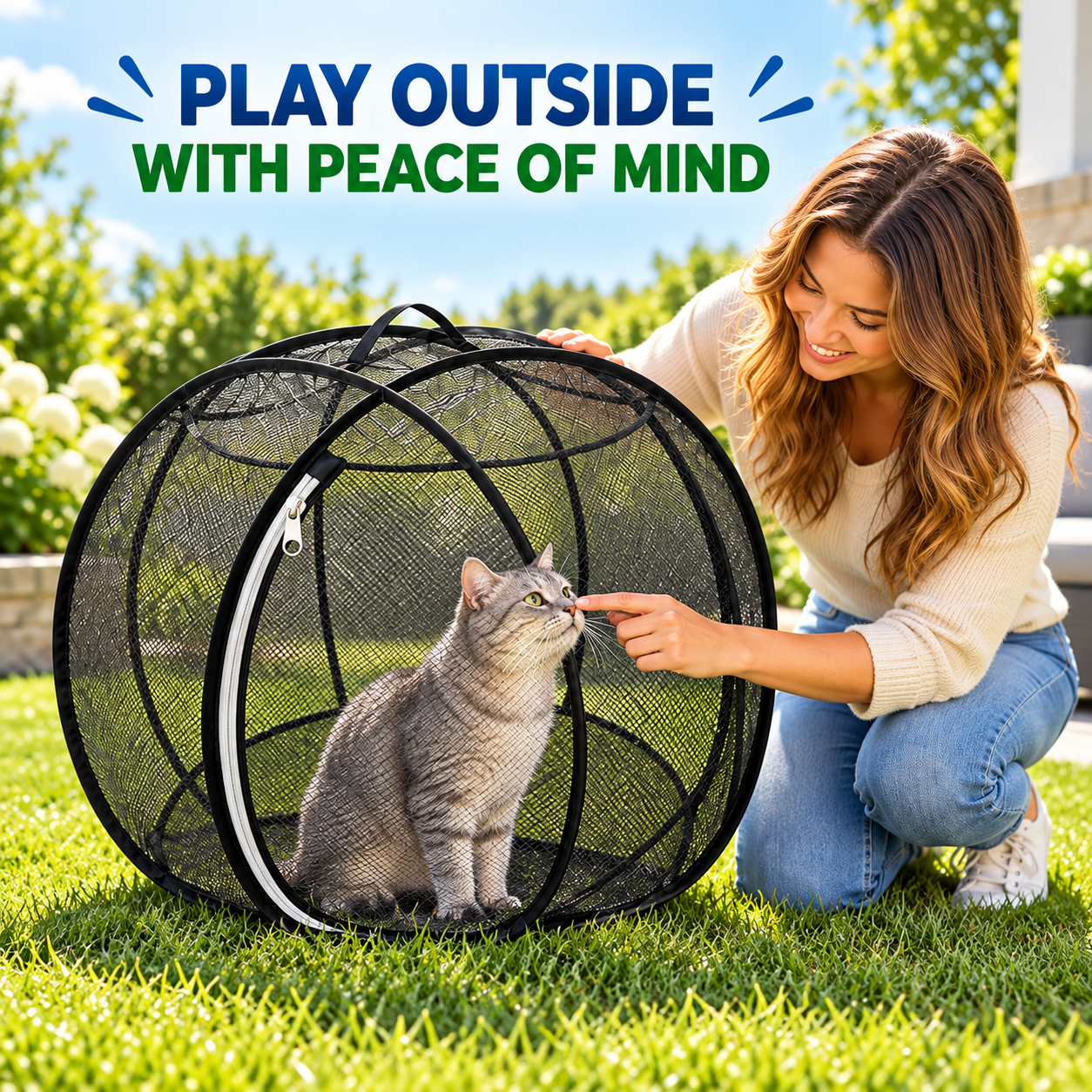 Cat enjoying a supervised outdoor moment in a pop-up mesh playpen