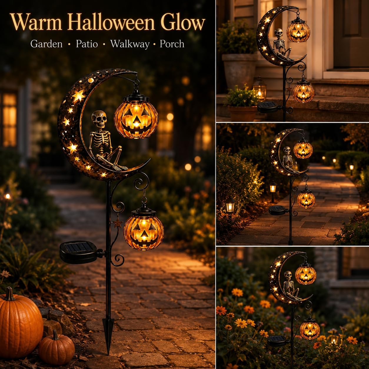 Solar Halloween Black Cat & Pumpkin Moon Garden Stake Light, Outdoor Waterproof LED Yard Decoration with Crescent Moon, Hanging Jack-o'-Lantern Lantern for Garden, Patio, Walkway, Porch (Style D)