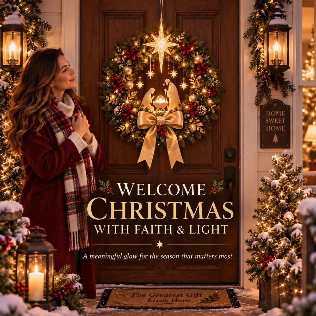 🕊️ Lighted Nativity Christmas Wreath – Star of Bethlehem Front Door Decor ✨