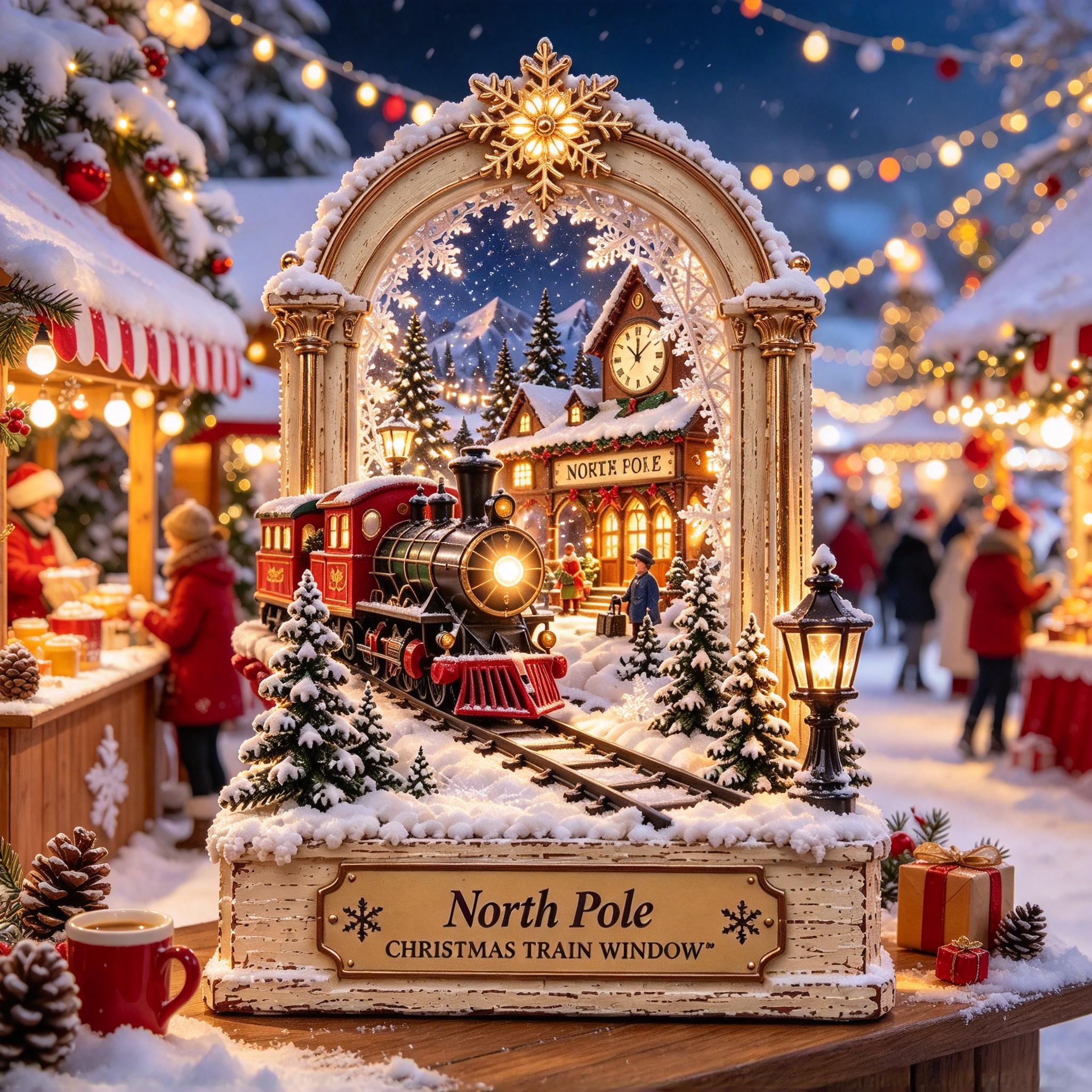 Christmas Train window design showing a red locomotive and snowy North Pole station
