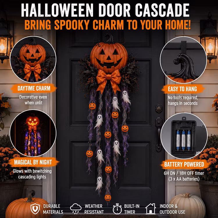 🎃 Haunted Glow – Lighted Pumpkin & Ghost Door Cascade 👻