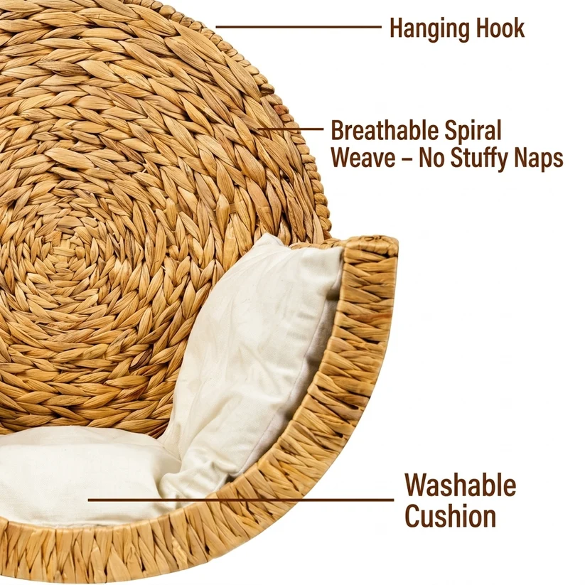 Wall-Mounted Cat Bed – Handwoven Water Hyacinth | Zero Floor Space🐱