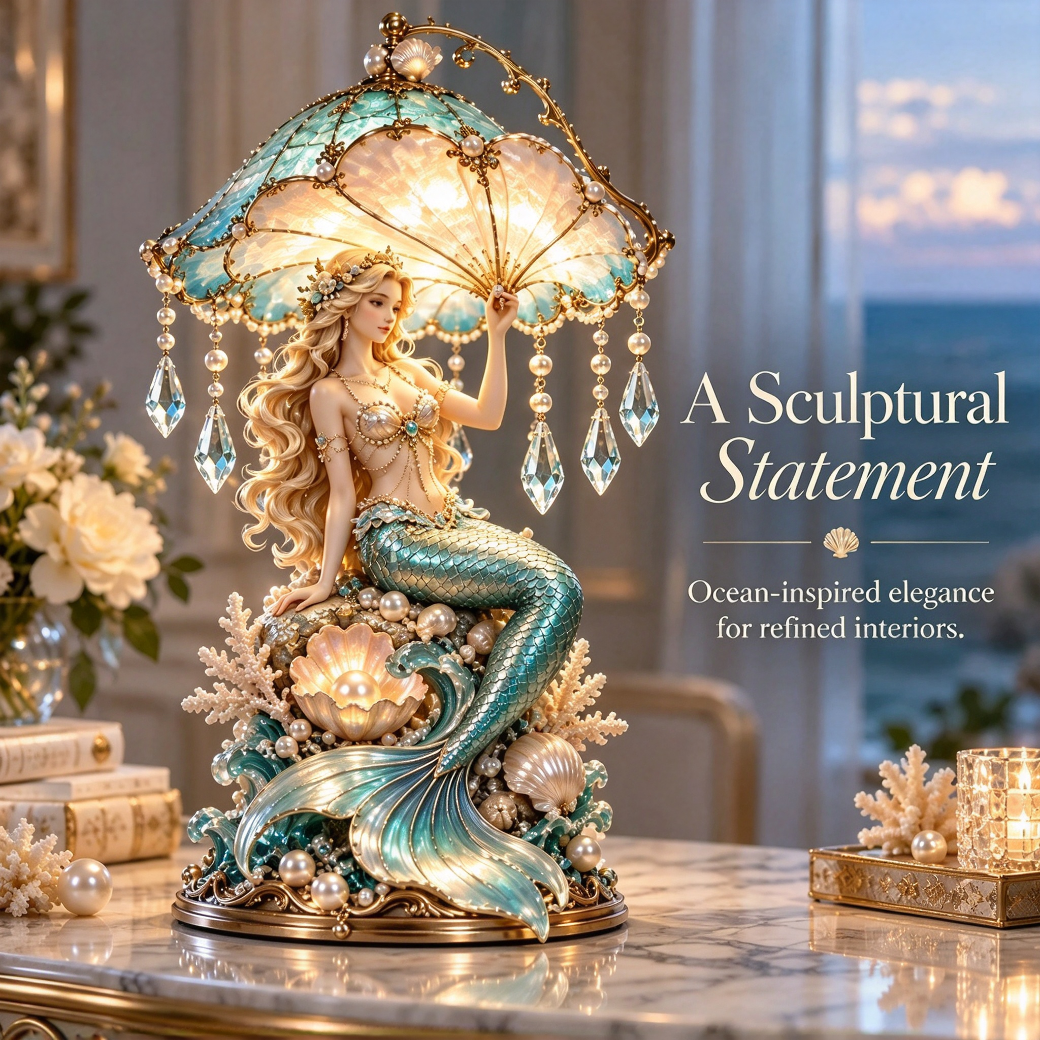 🐚 Enchanted Seashell Crystal Lamp – Ocean-Inspired Sculptural Table Light ✨