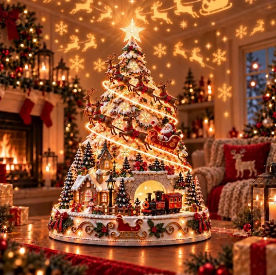 ⭐🎄 Christmas Village Tree Tabletop Decor With Projector