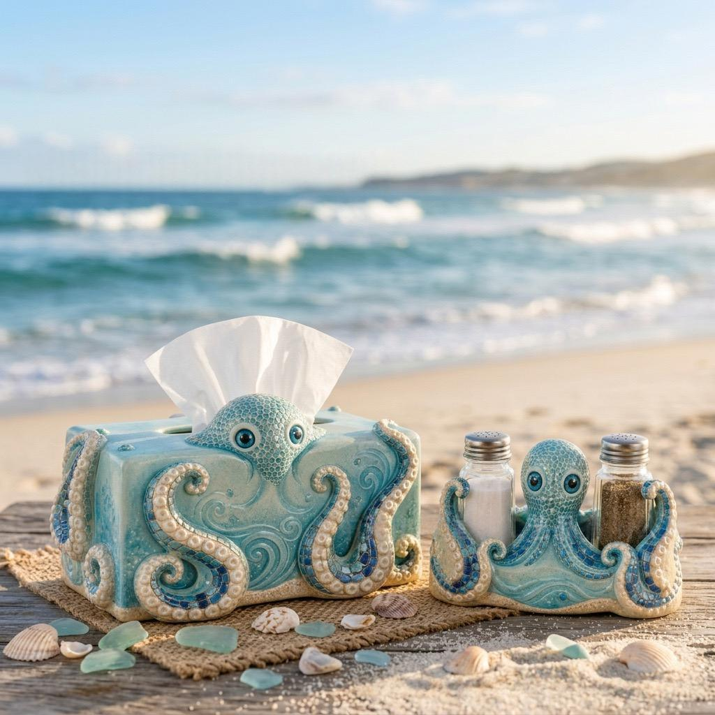 Coastal Octopus Tissue Box & Salt Pepper Shaker Holder Set