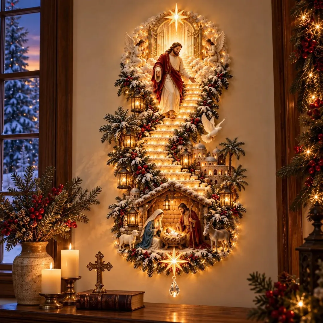 ✝️👼 Radiant Nativity Lighted Wall Hanging – Holy Family & Angel Design ✨