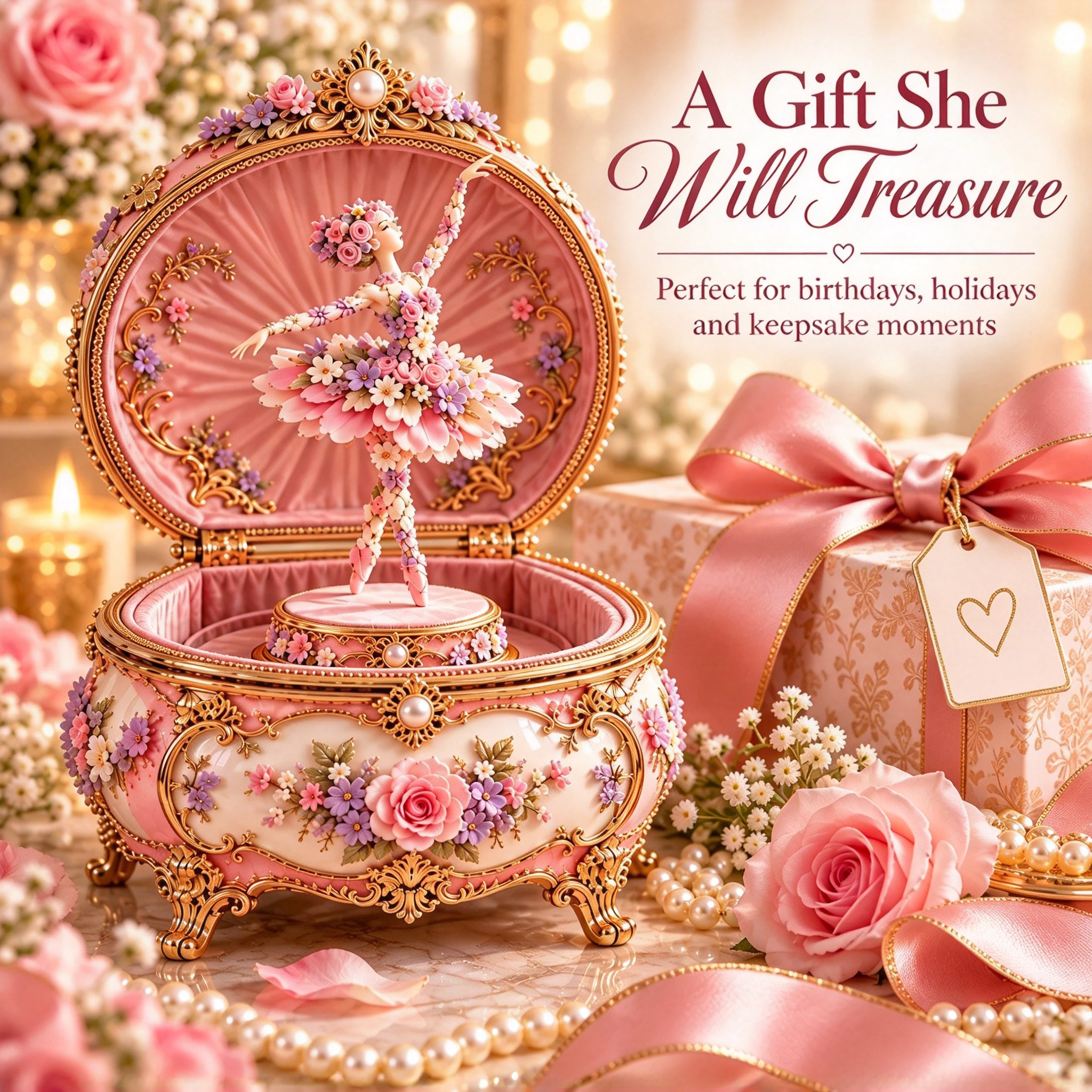 Vintage floral keepsake music box with ballerina