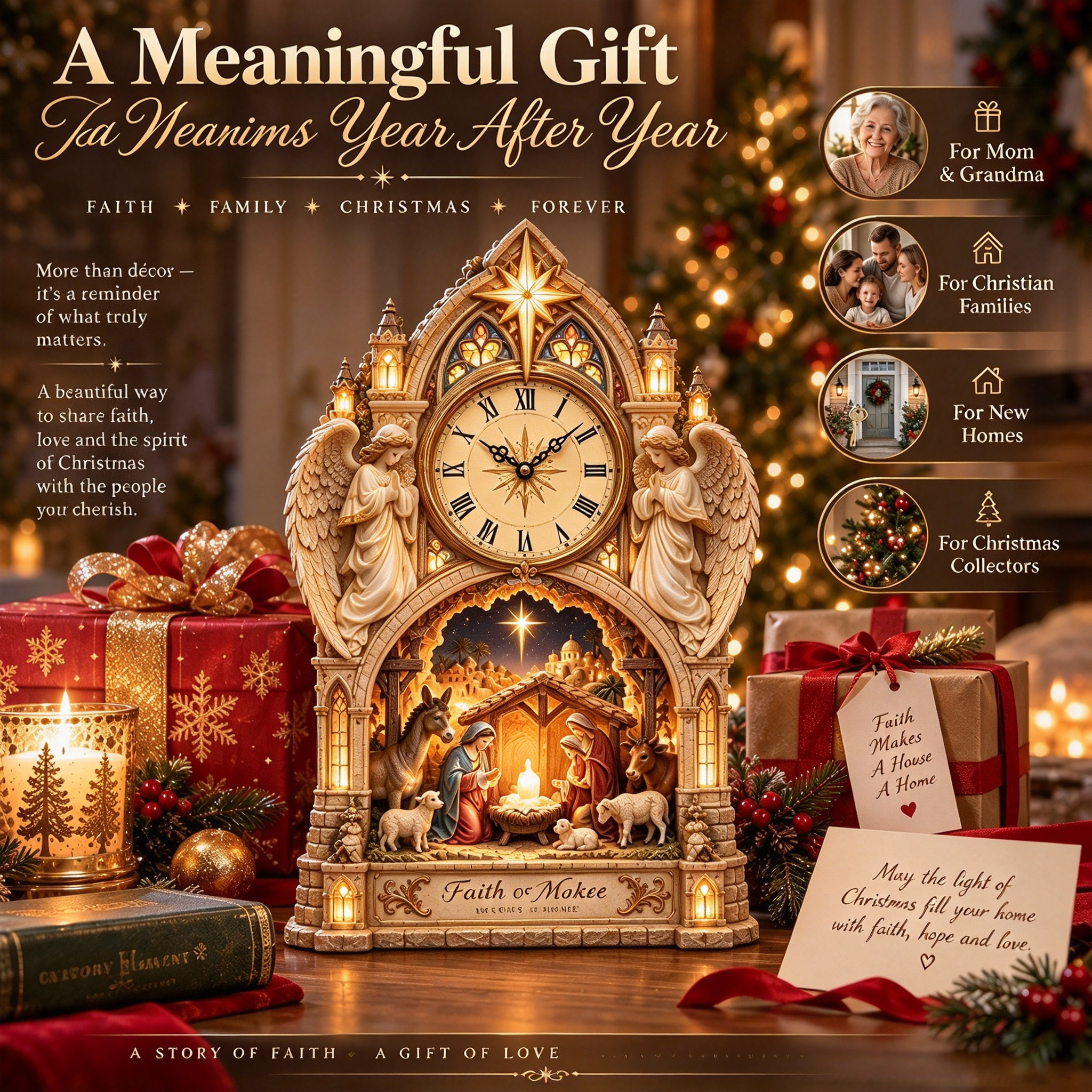 Lighted cathedral Nativity clock glowing in Christmas room