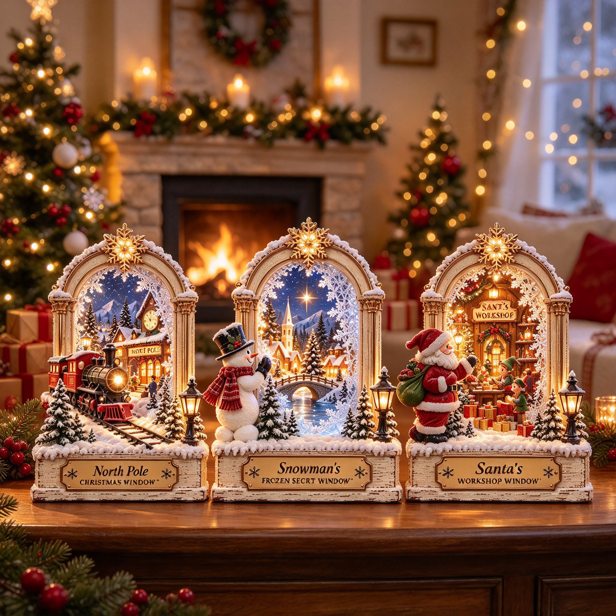 The three Holiday Glow Window designs displayed together in a festive living room