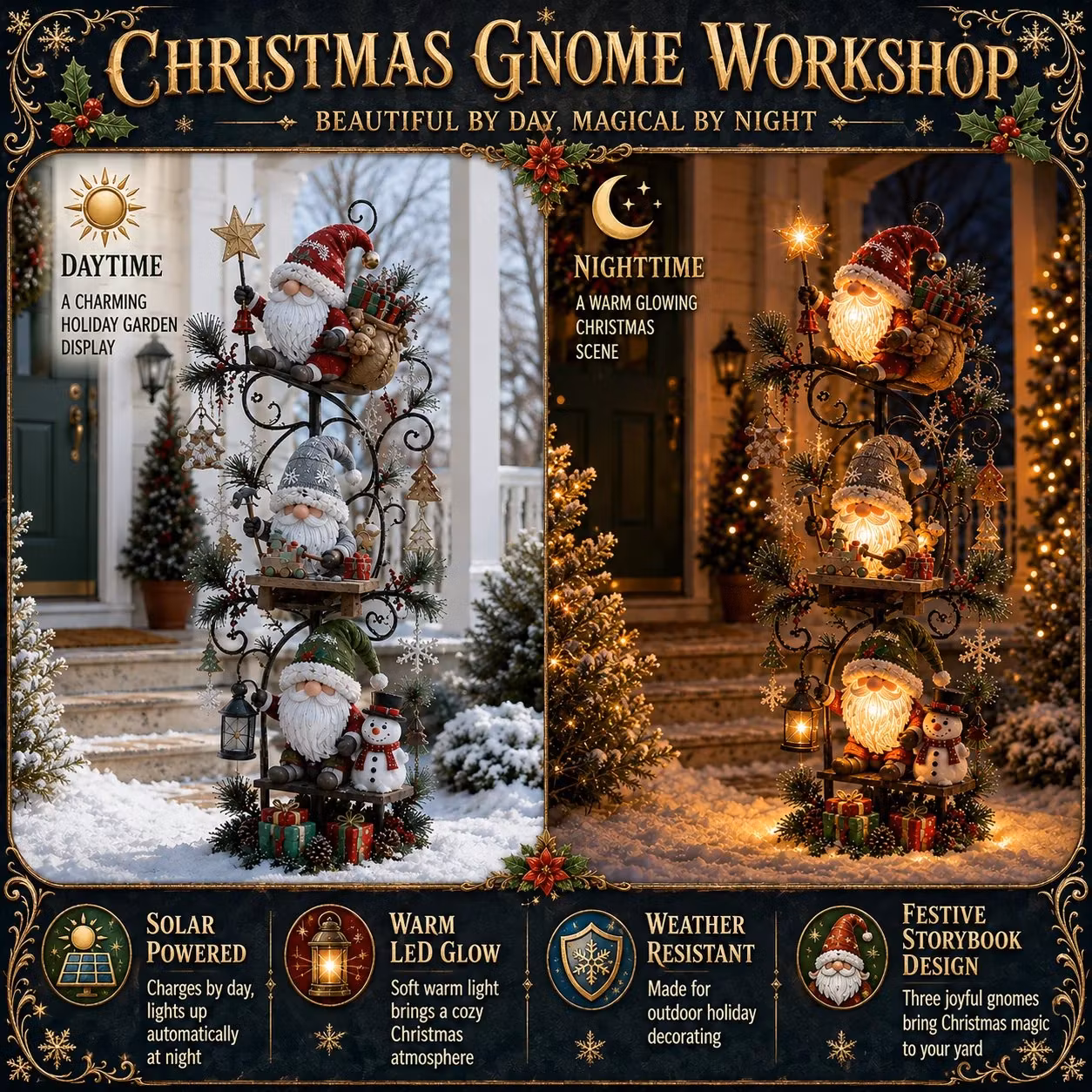Gnome Workshop Solar Garden Light – Storybook Holiday Yard Decor🏡🎄