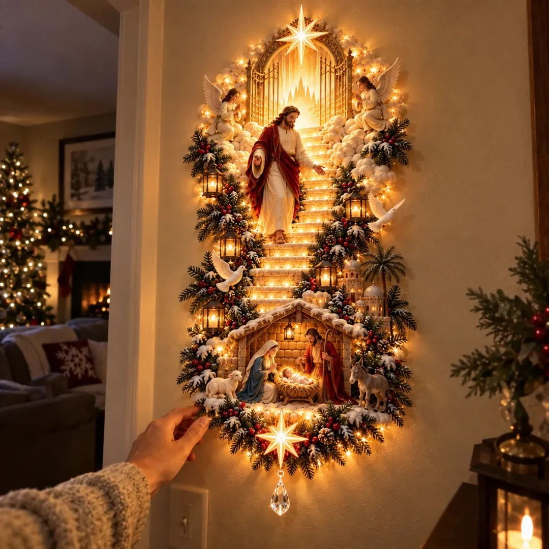 ✝️👼 Radiant Nativity Lighted Wall Hanging – Holy Family & Angel Design ✨