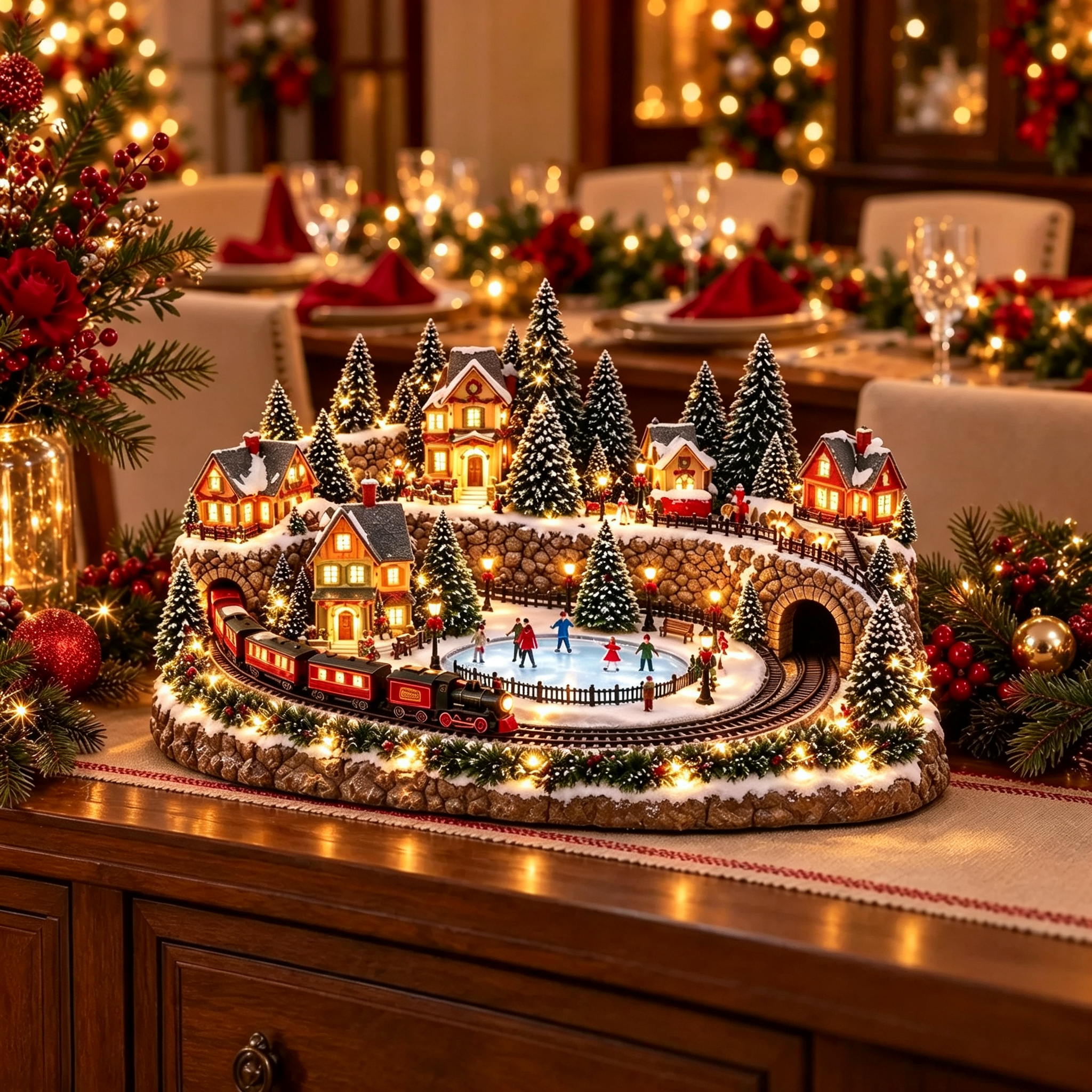 🚂 Animated Holiday Train & Ice Rink Scene – Lighted Christmas Tabletop Decor 🎄