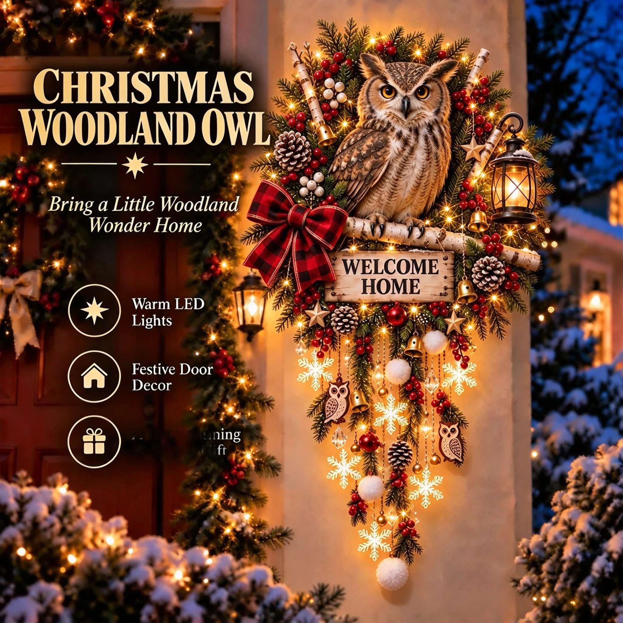 Lighted woodland owl Christmas welcome wall decor