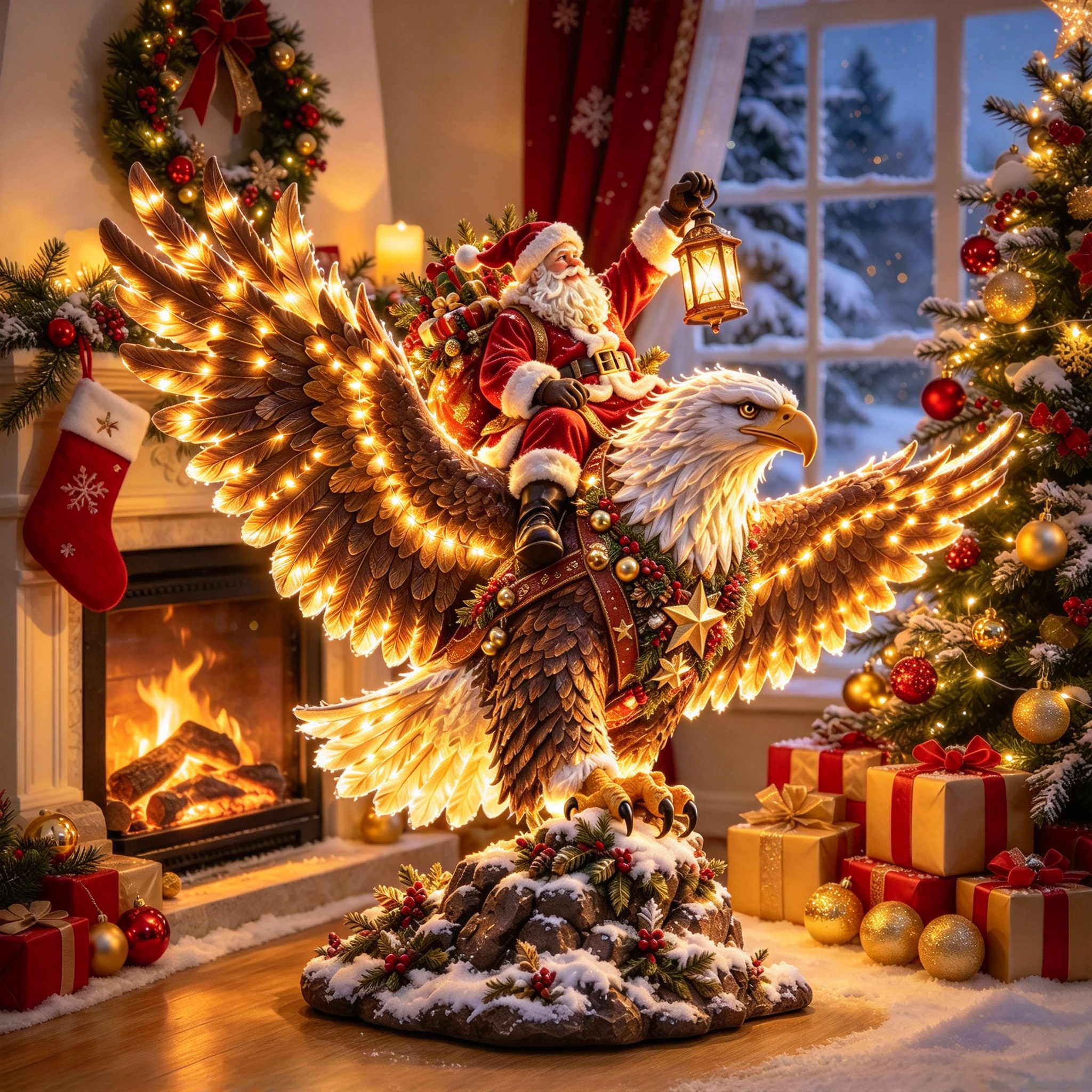Warm glowing Sky Rider Santa Christmas display