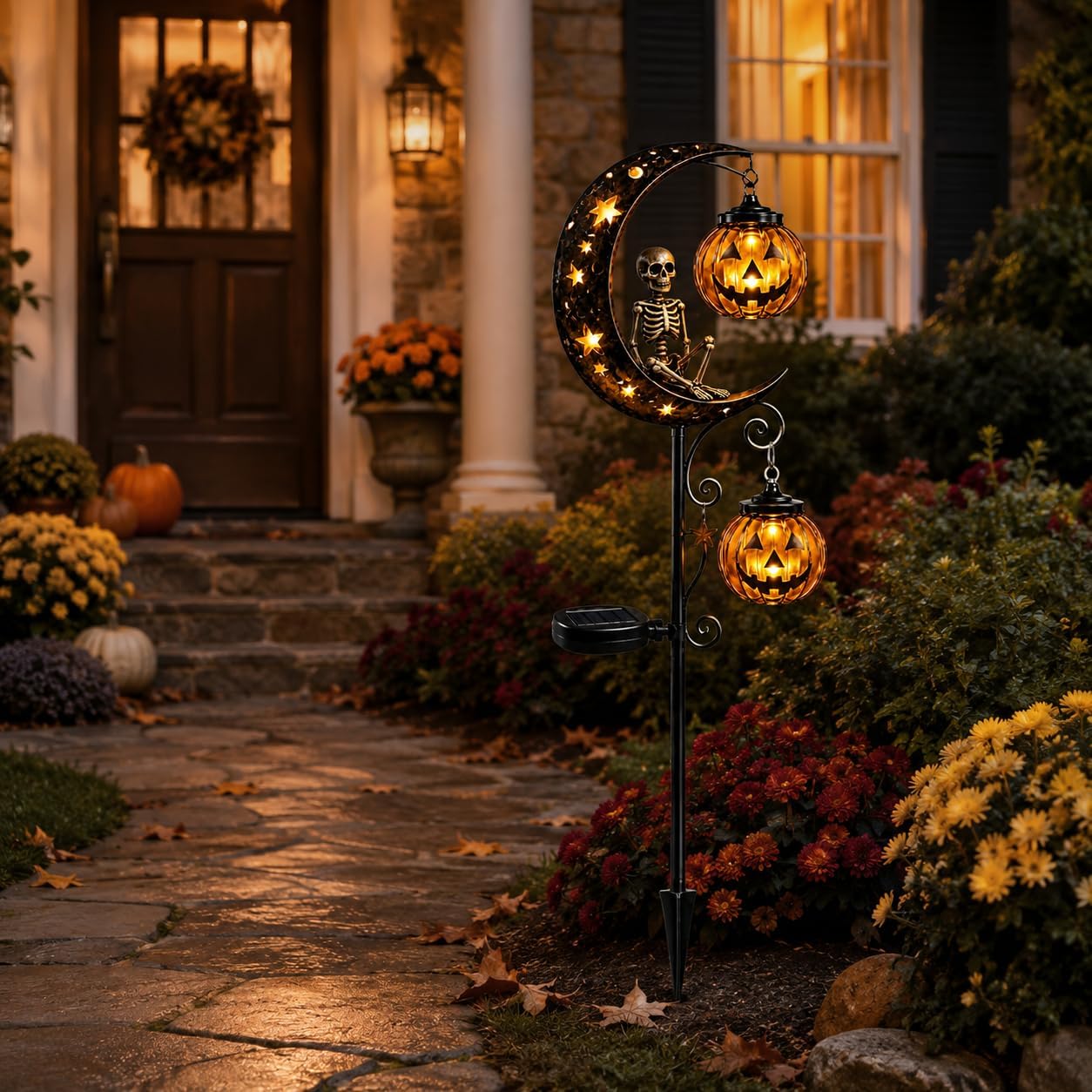 Solar Halloween Black Cat & Pumpkin Moon Garden Stake Light, Outdoor Waterproof LED Yard Decoration with Crescent Moon, Hanging Jack-o'-Lantern Lantern for Garden, Patio, Walkway, Porch (Style D)