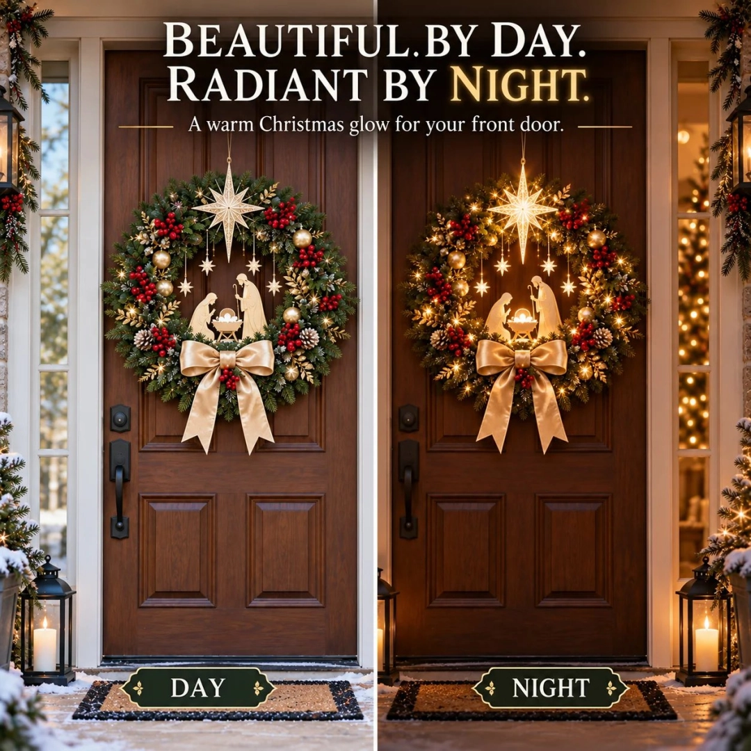 🕊️ Lighted Nativity Christmas Wreath – Star of Bethlehem Front Door Decor ✨