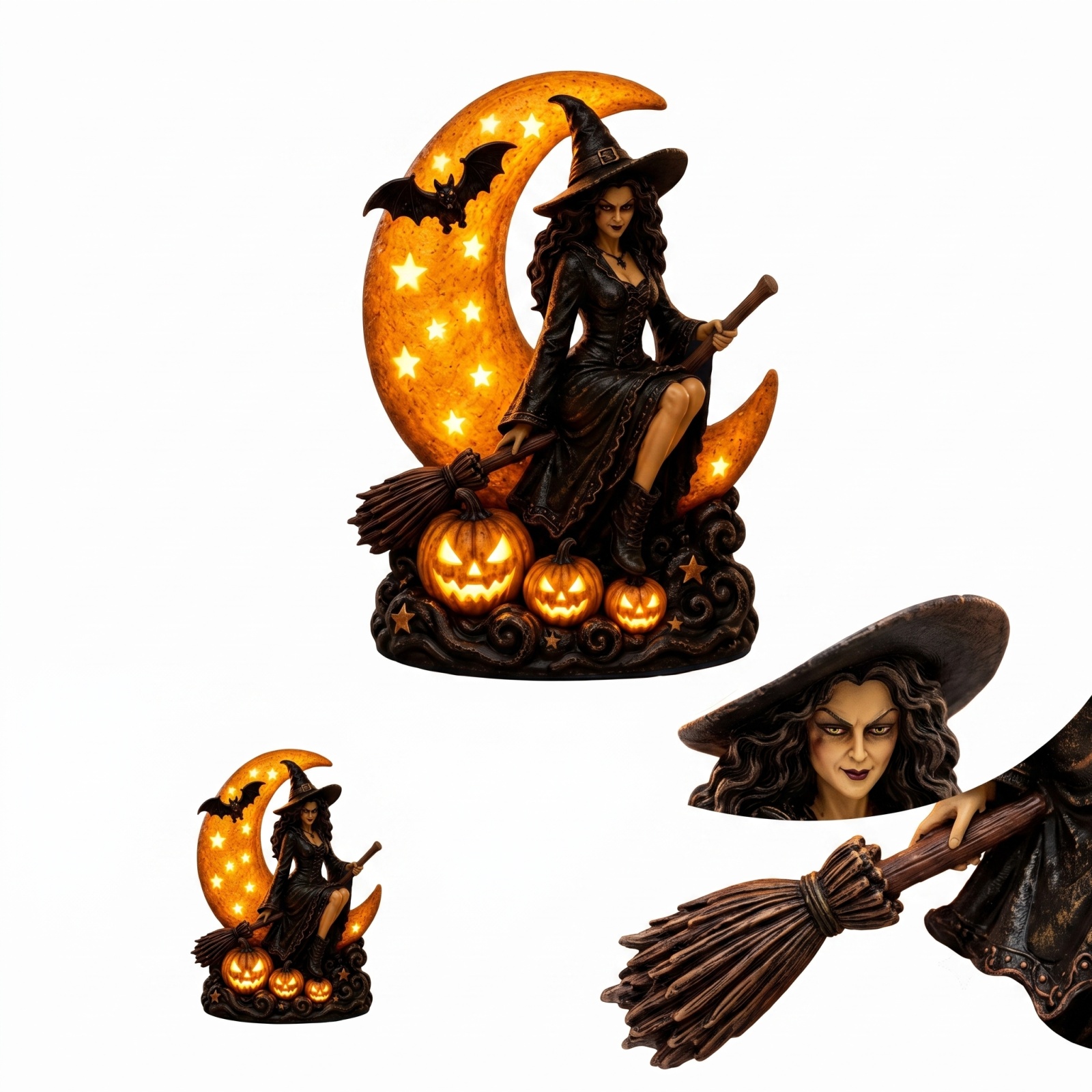 Halloween Witch Light LED Witch Tabletop Decor LED light-up witch figurine with spooky Halloween design for decorating bookshelves, cabinets, entryways, windowsills,Black