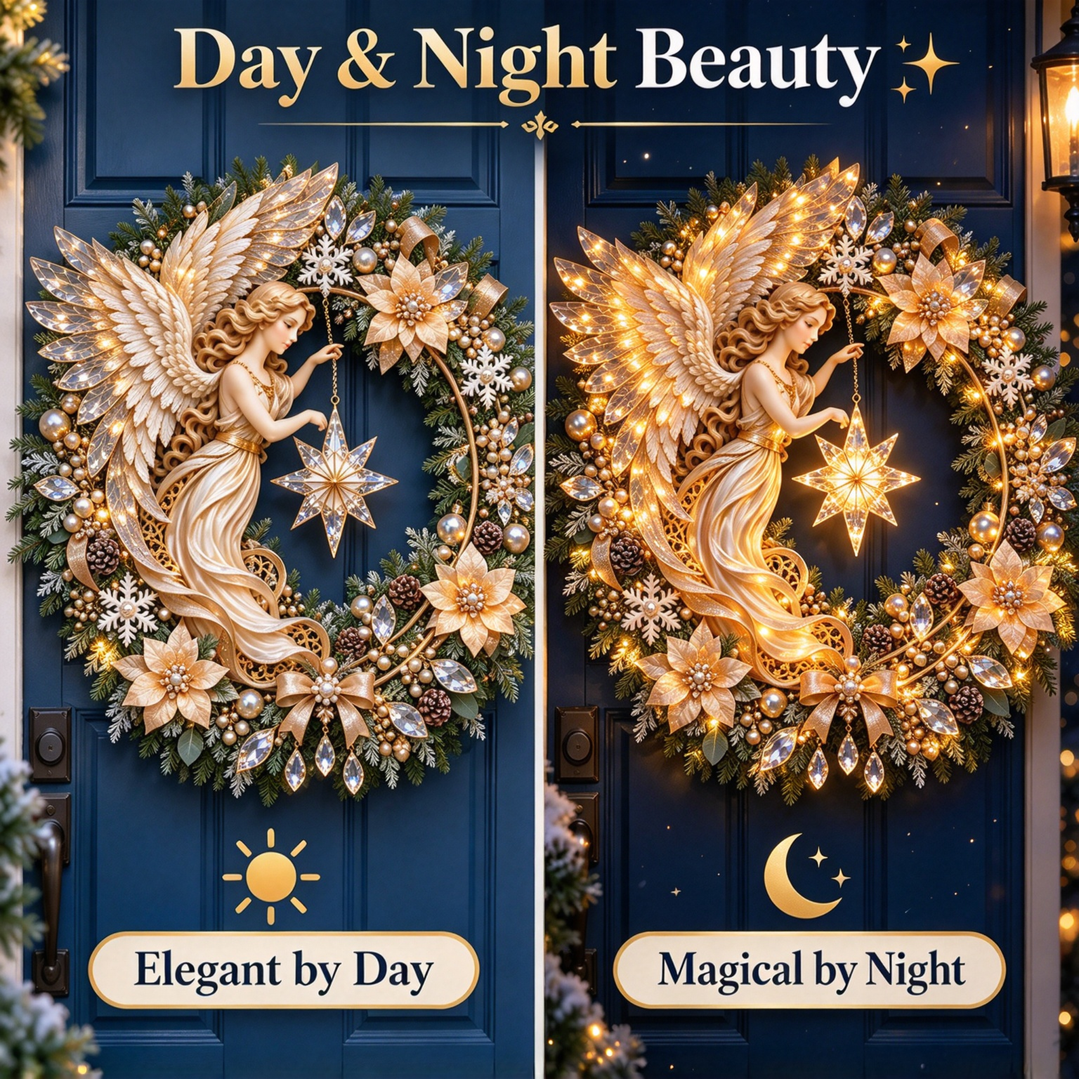 Heavenly Angel Christmas Wreath day and night comparison