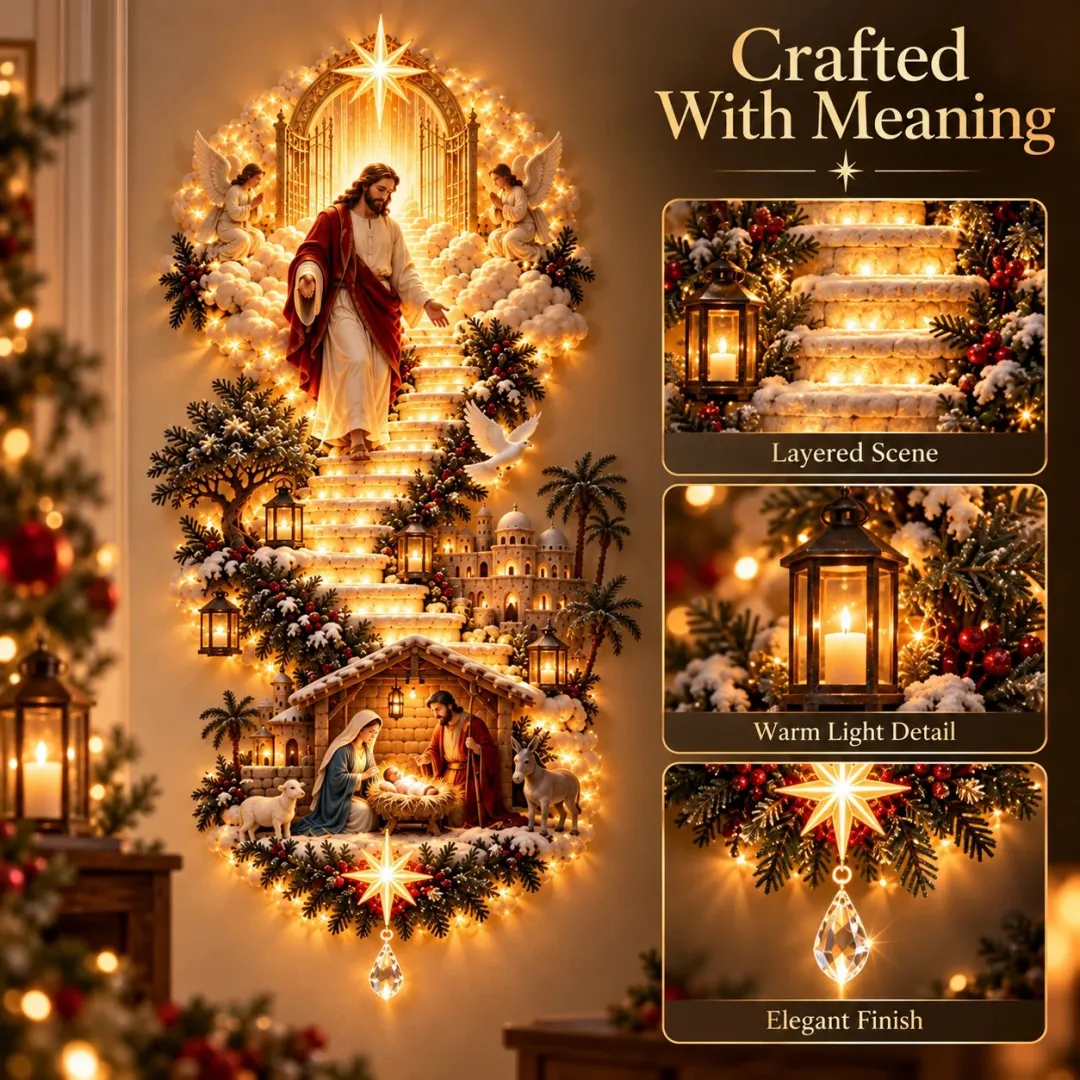 ✝️👼 Radiant Nativity Lighted Wall Hanging – Holy Family & Angel Design ✨