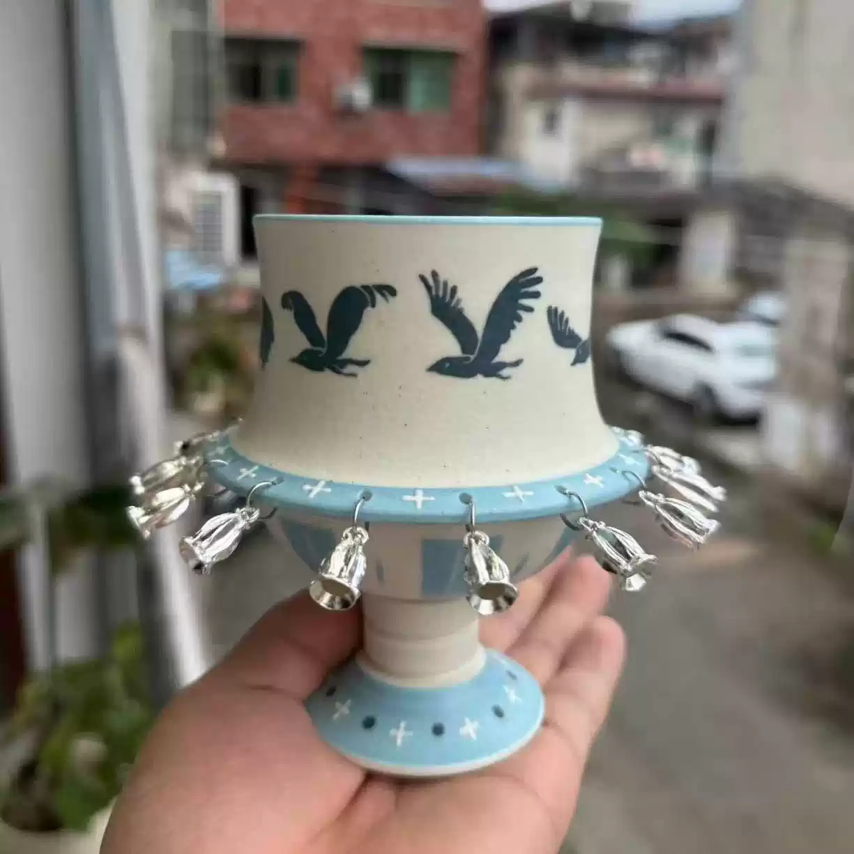 Bellflower Bird Spinning Cup – Handcrafted Ceramic Art🕊️
