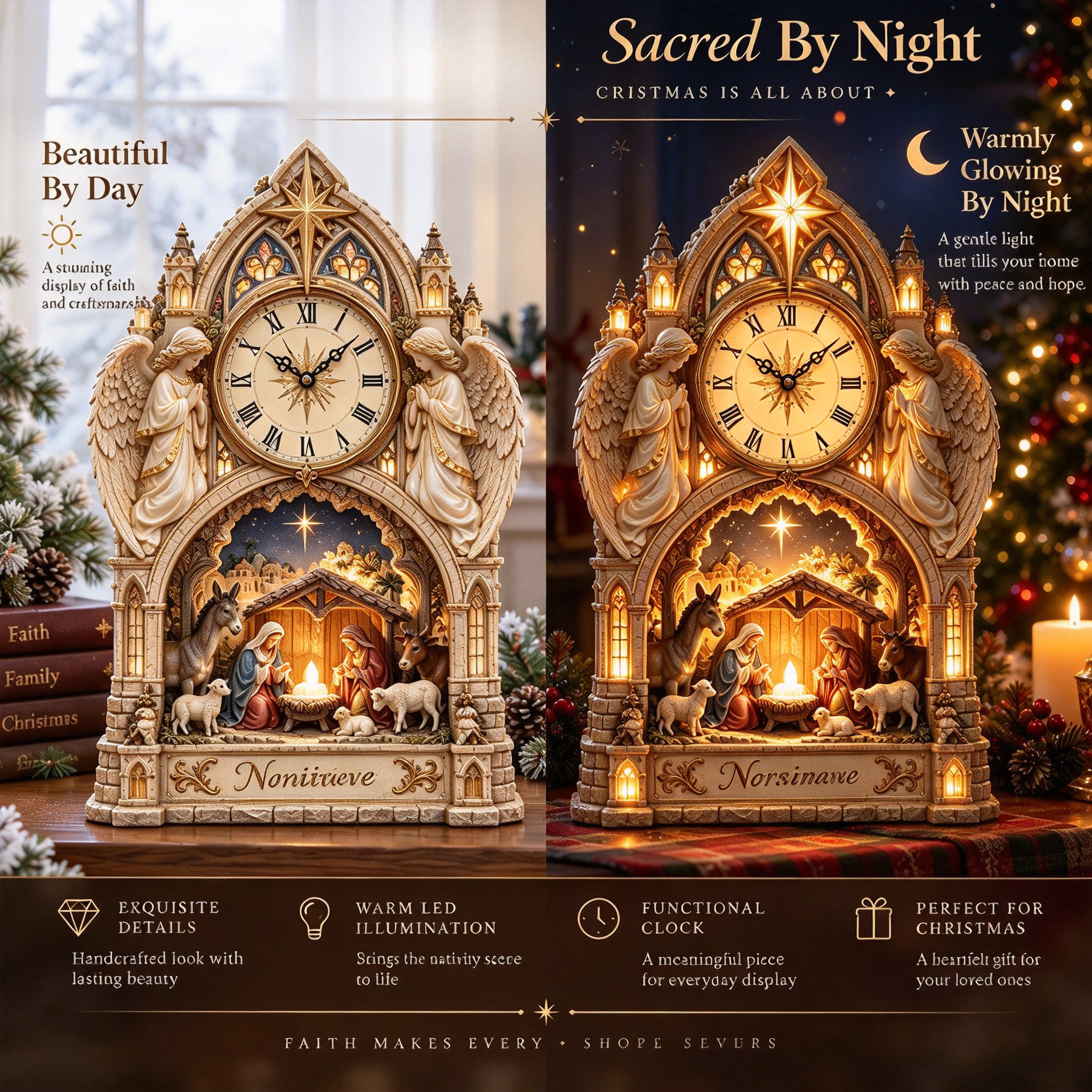 Detailed cathedral-style Nativity clock with angels and star