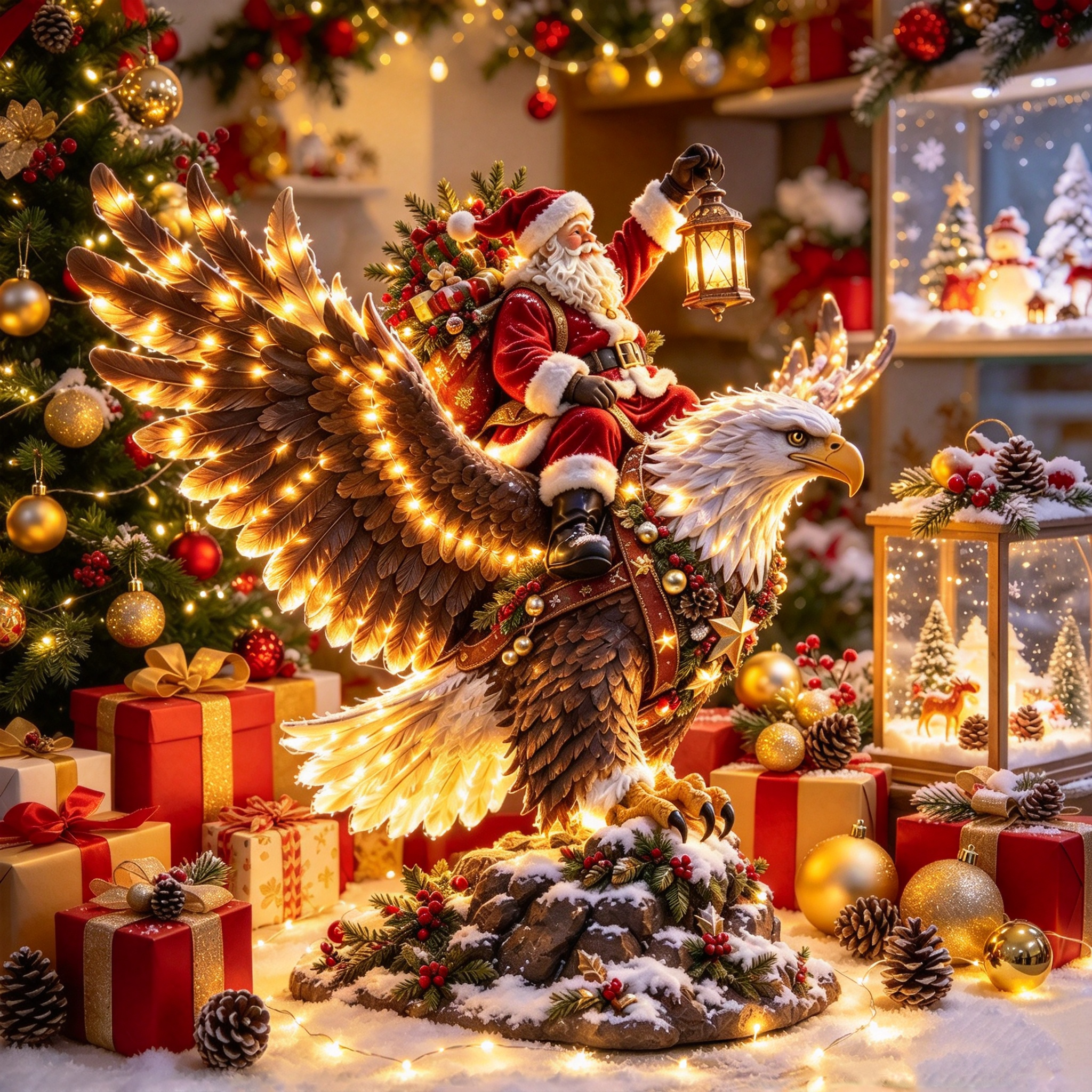 Detailed Sky Rider Santa and bald eagle Christmas figurine