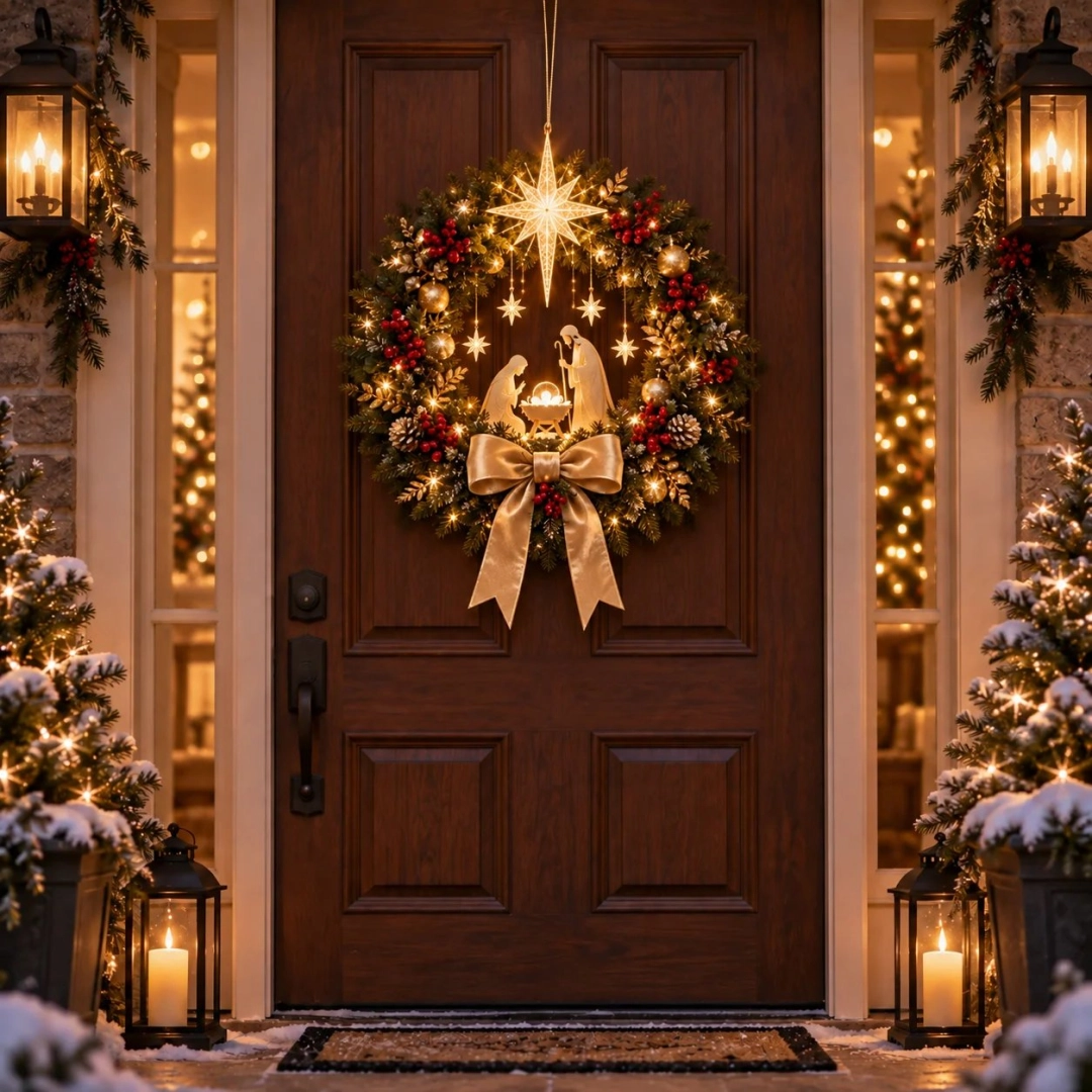🕊️ Lighted Nativity Christmas Wreath – Star of Bethlehem Front Door Decor ✨