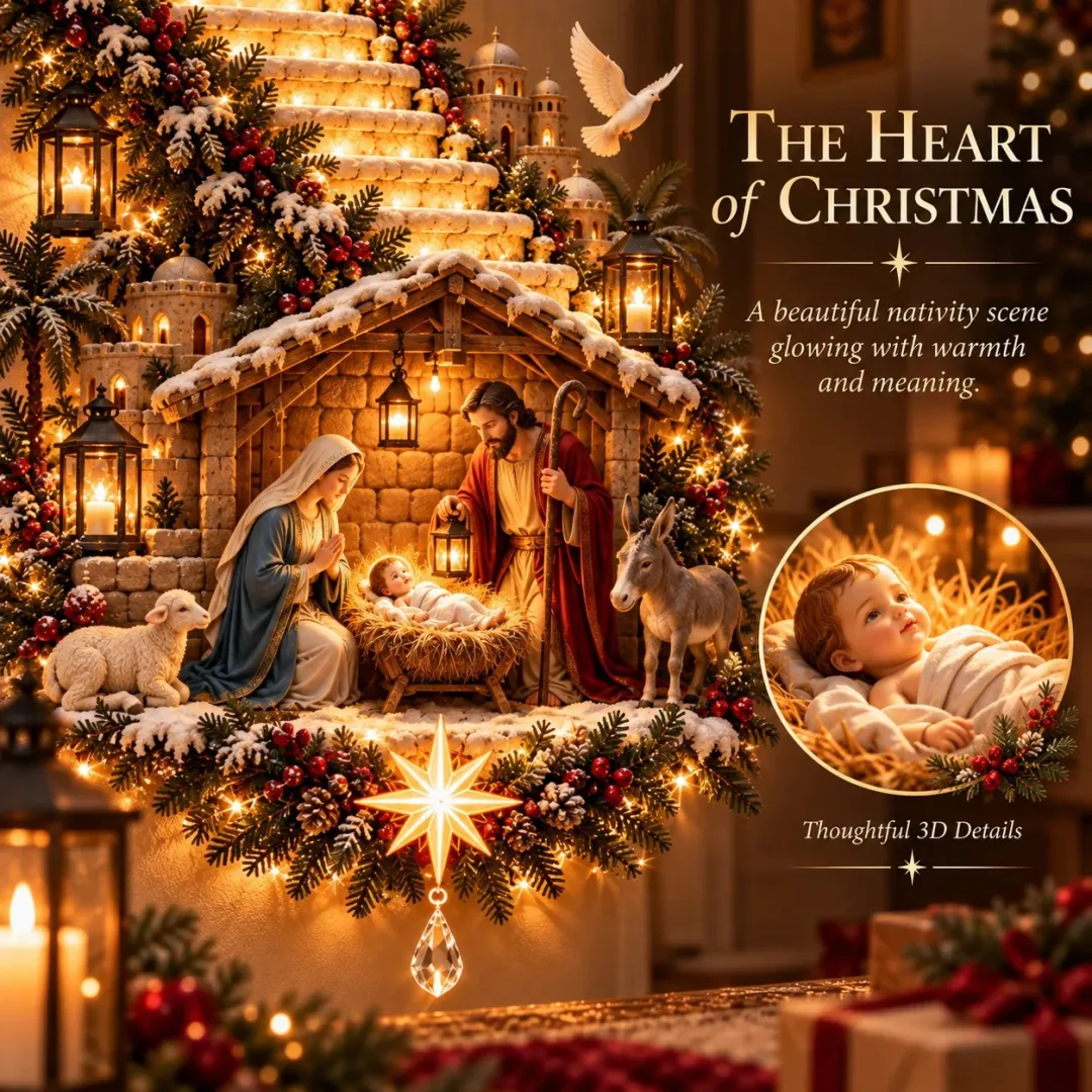 ✝️👼 Radiant Nativity Lighted Wall Hanging – Holy Family & Angel Design ✨