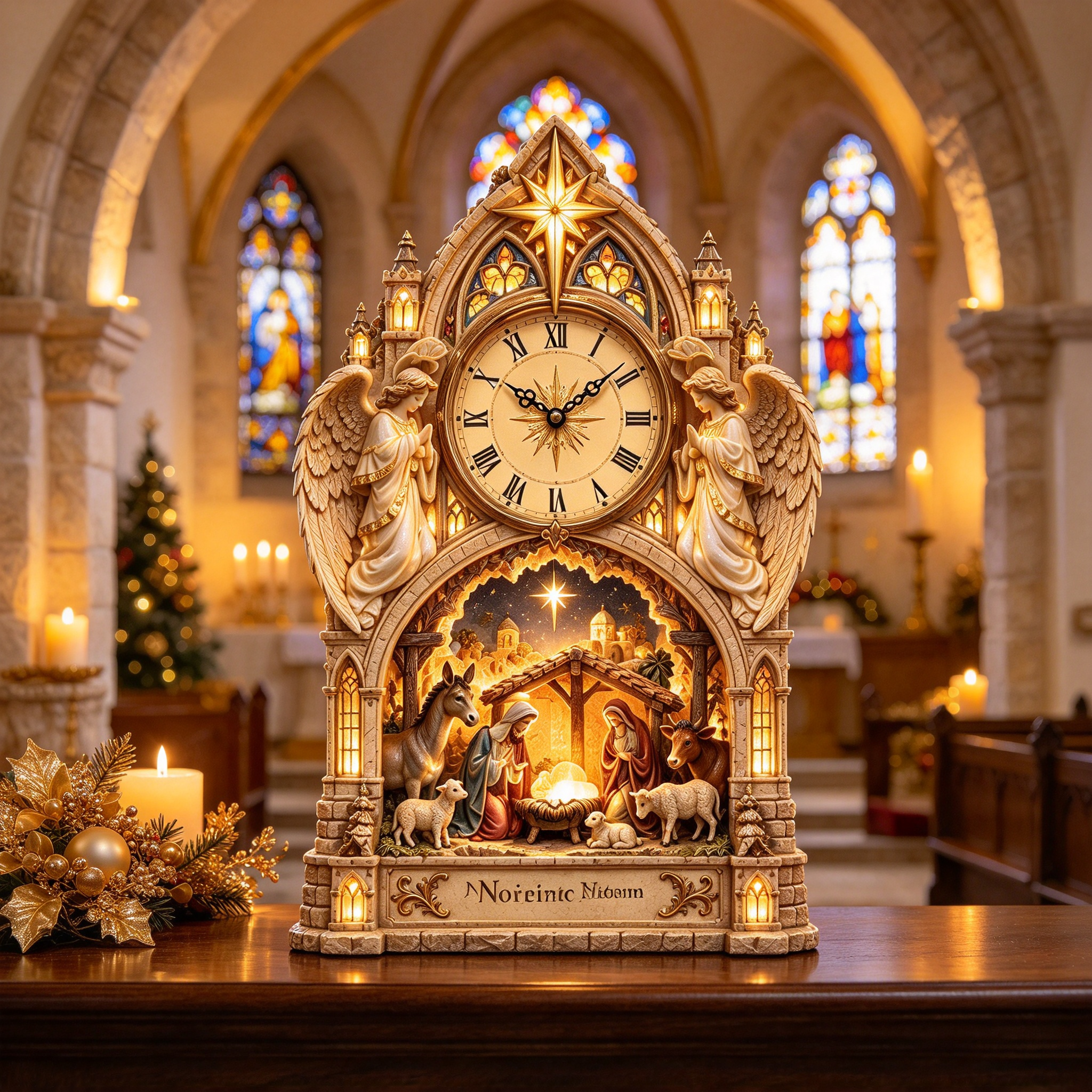 Cathedral Nativity clock displayed as Christmas centerpiece