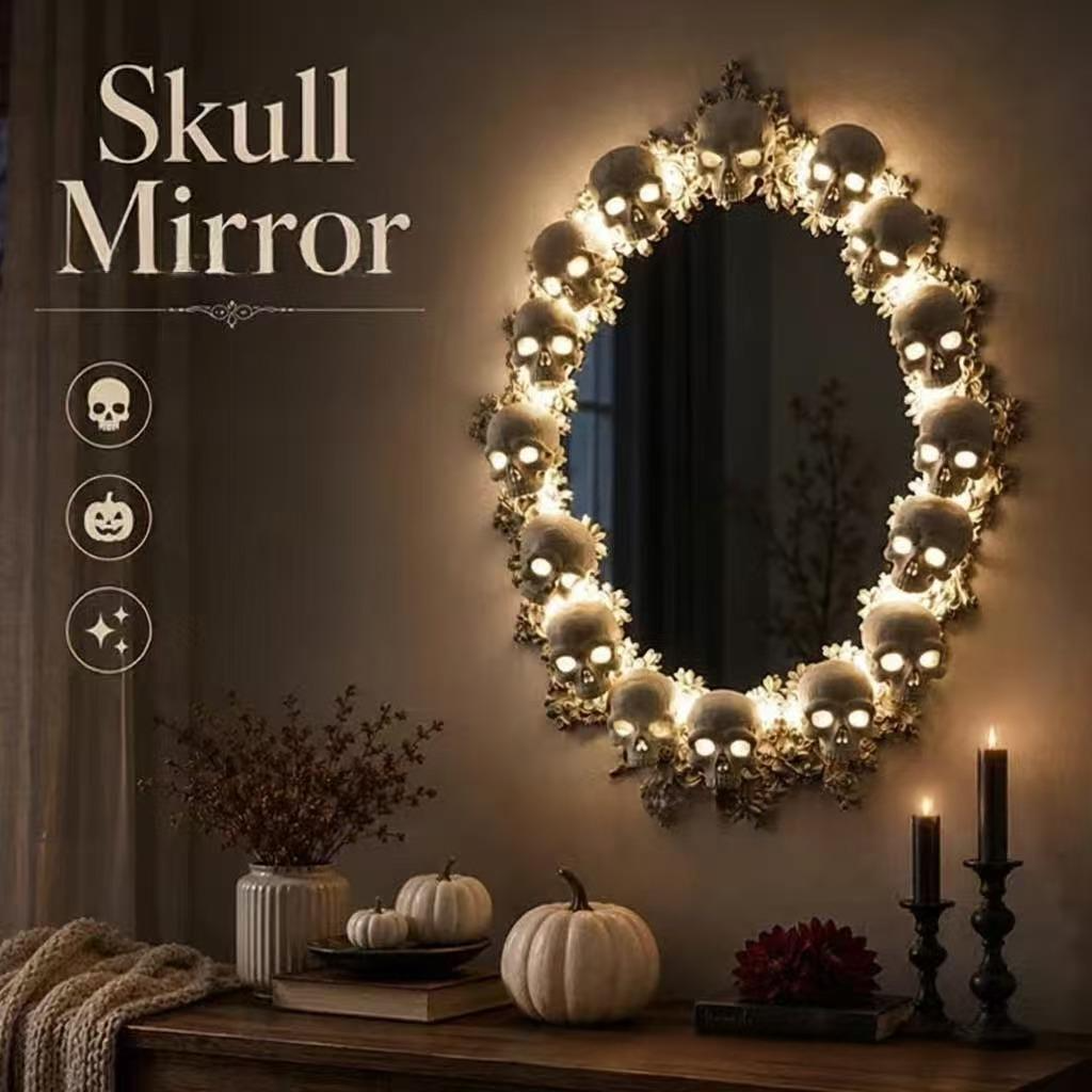 💀Gothic Skull LED Mirror – Dark Fantasy Wall Decor With Glowing Skull Design