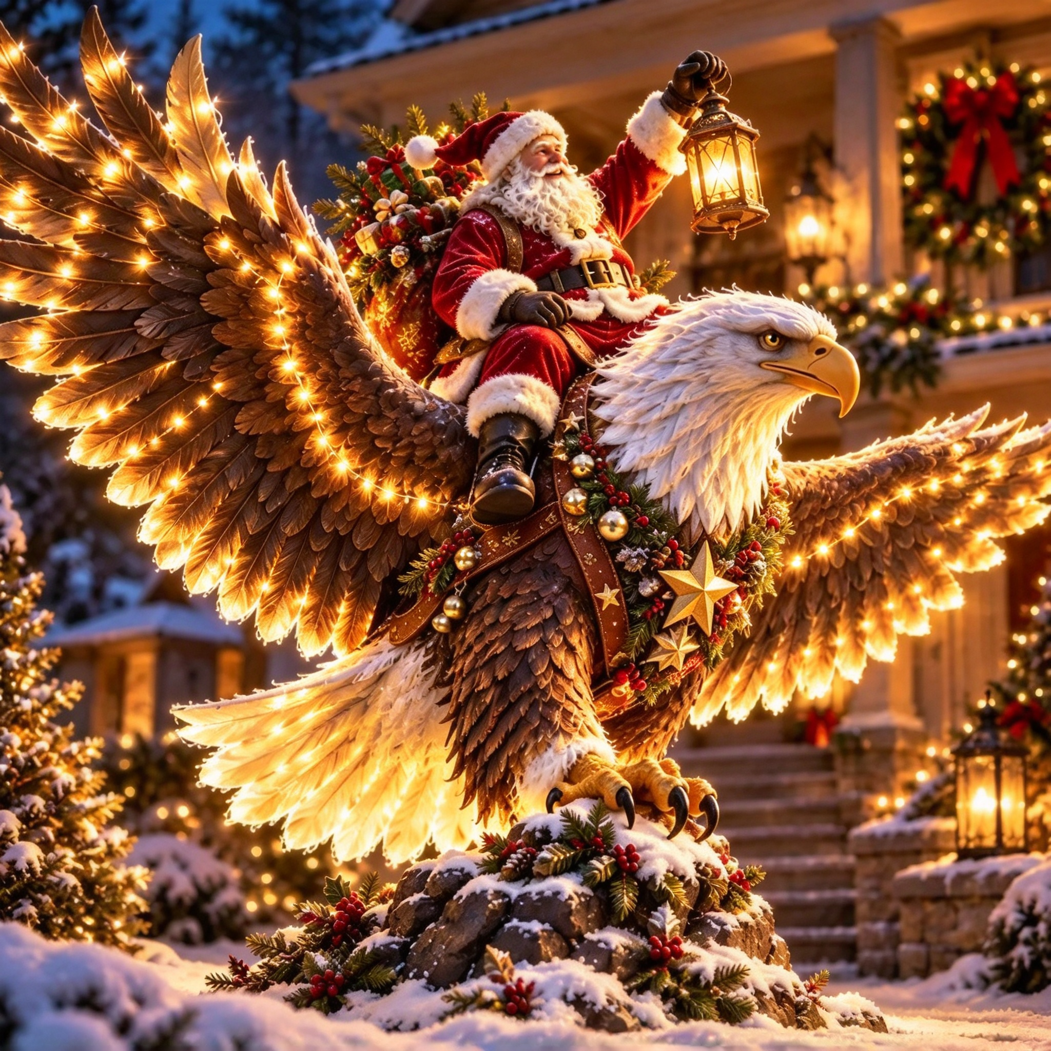 Santa eagle figurine with detailed Christmas scene