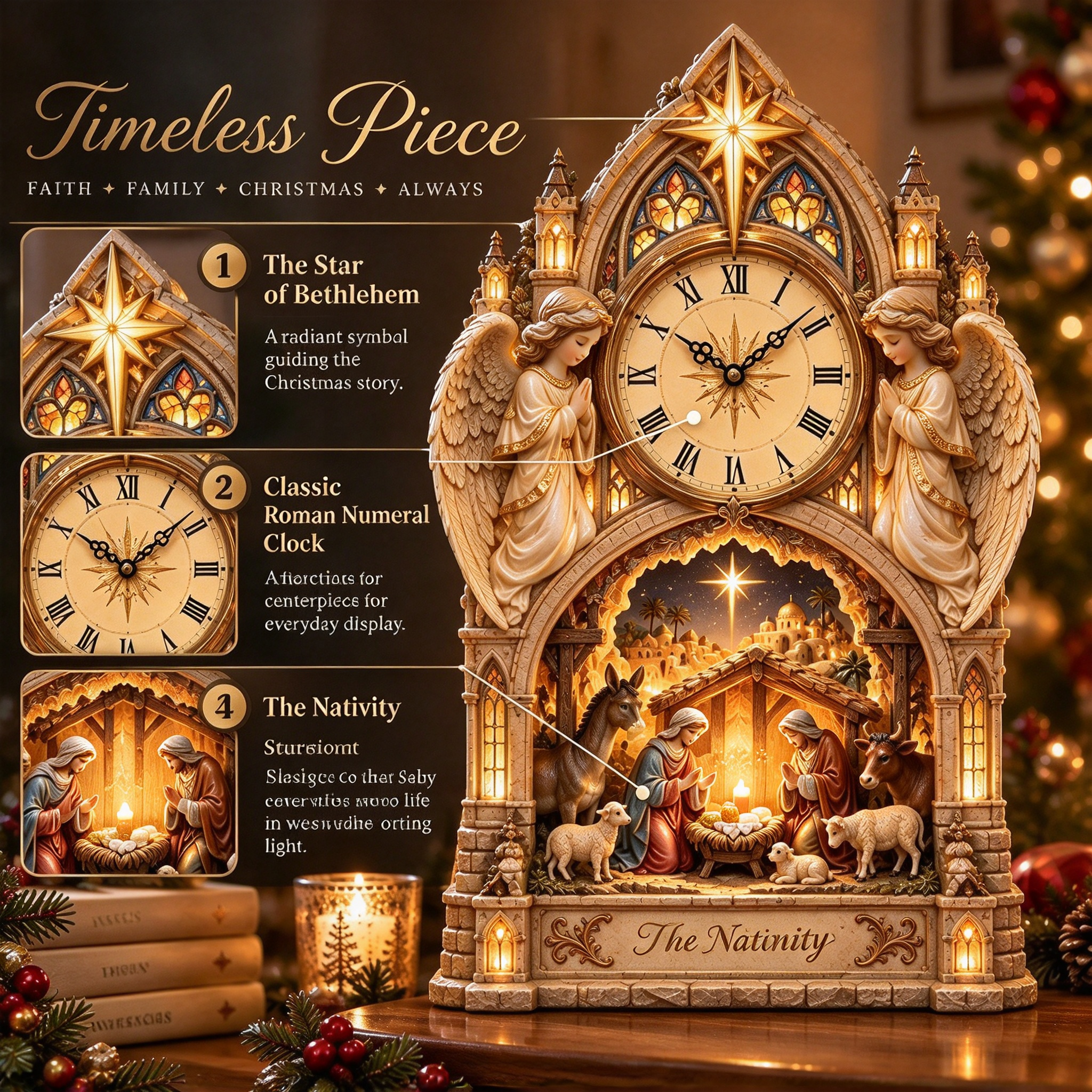 Illuminated Holy Family Nativity beneath cathedral arch