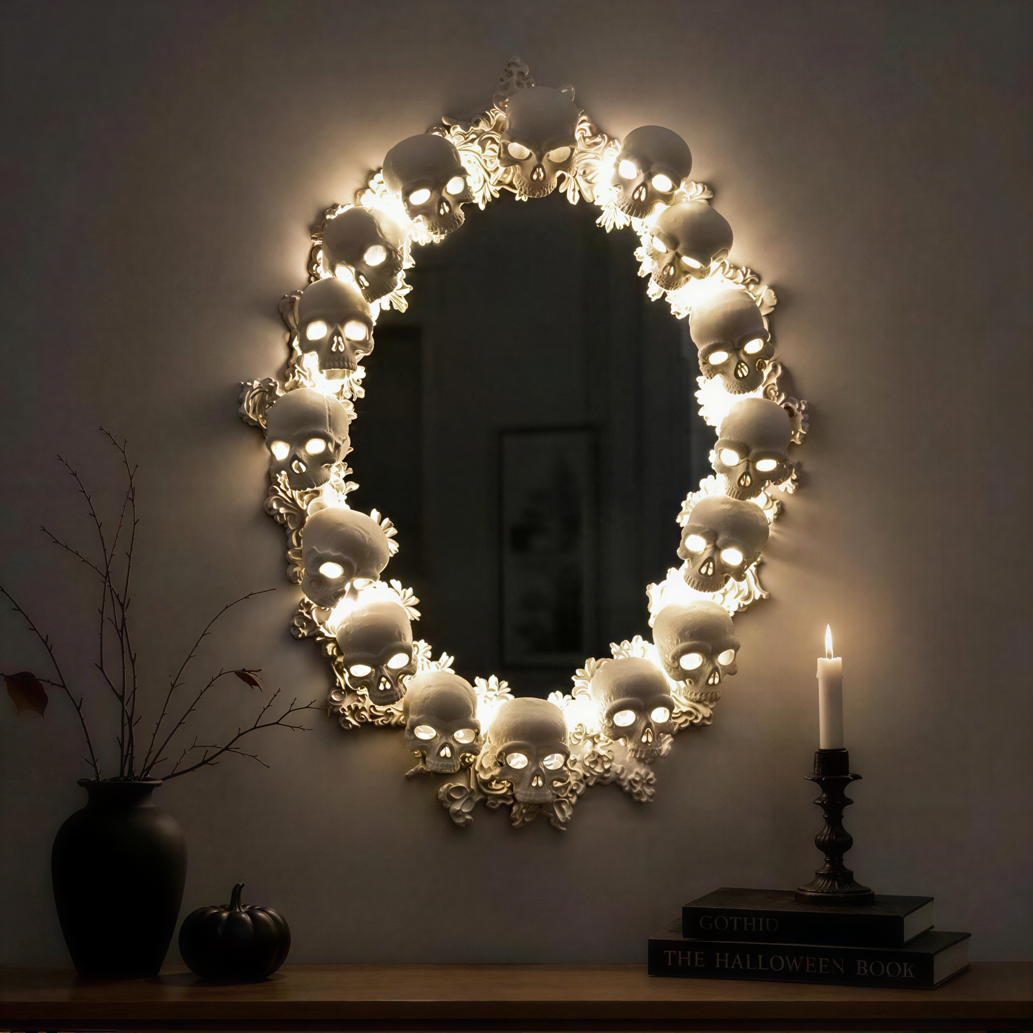 💀Gothic Skull LED Mirror – Dark Fantasy Wall Decor With Glowing Skull Design