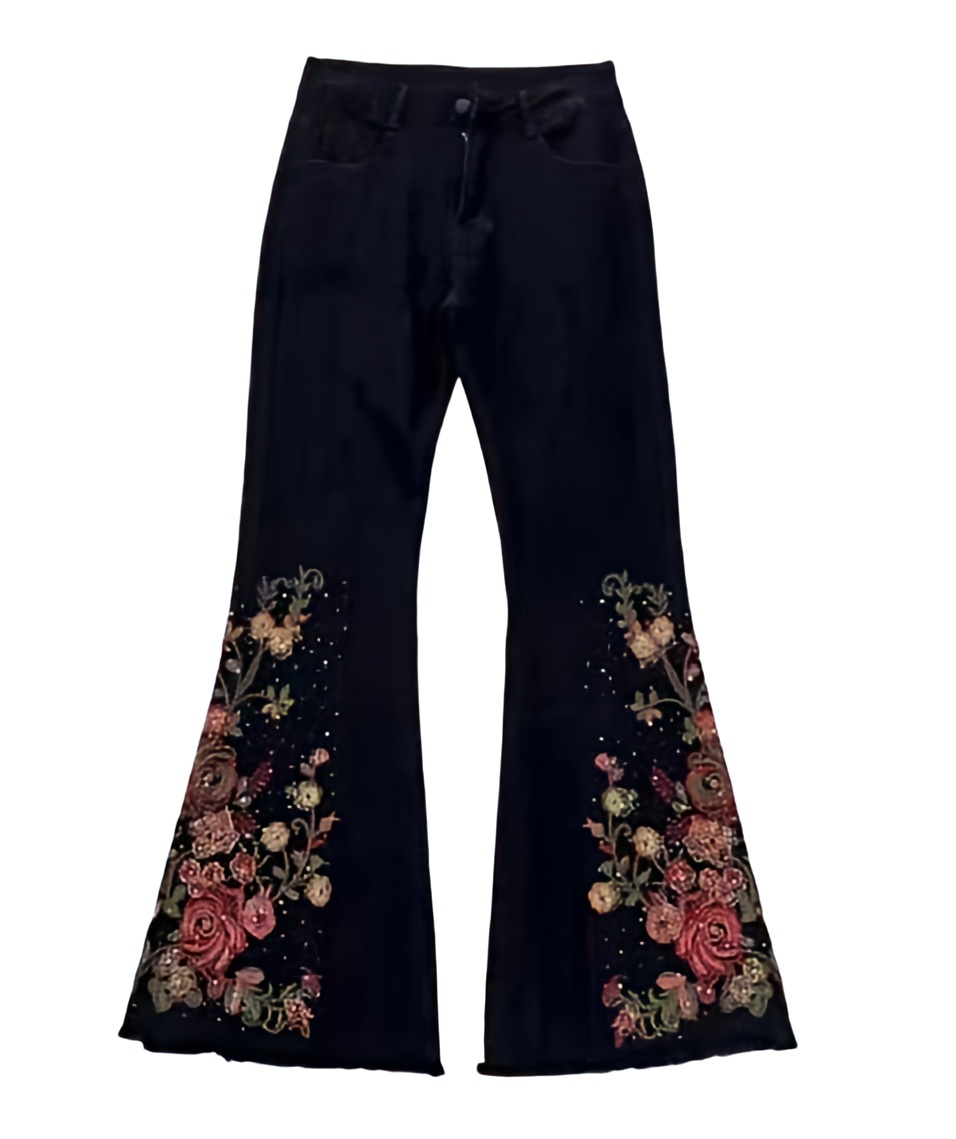 Premium Embroidery Slim Flare Jeans – High Waisted Vintage Washed Denim Pants with Floral Folk Embroidery – Statement Piece for Casual Chic Look