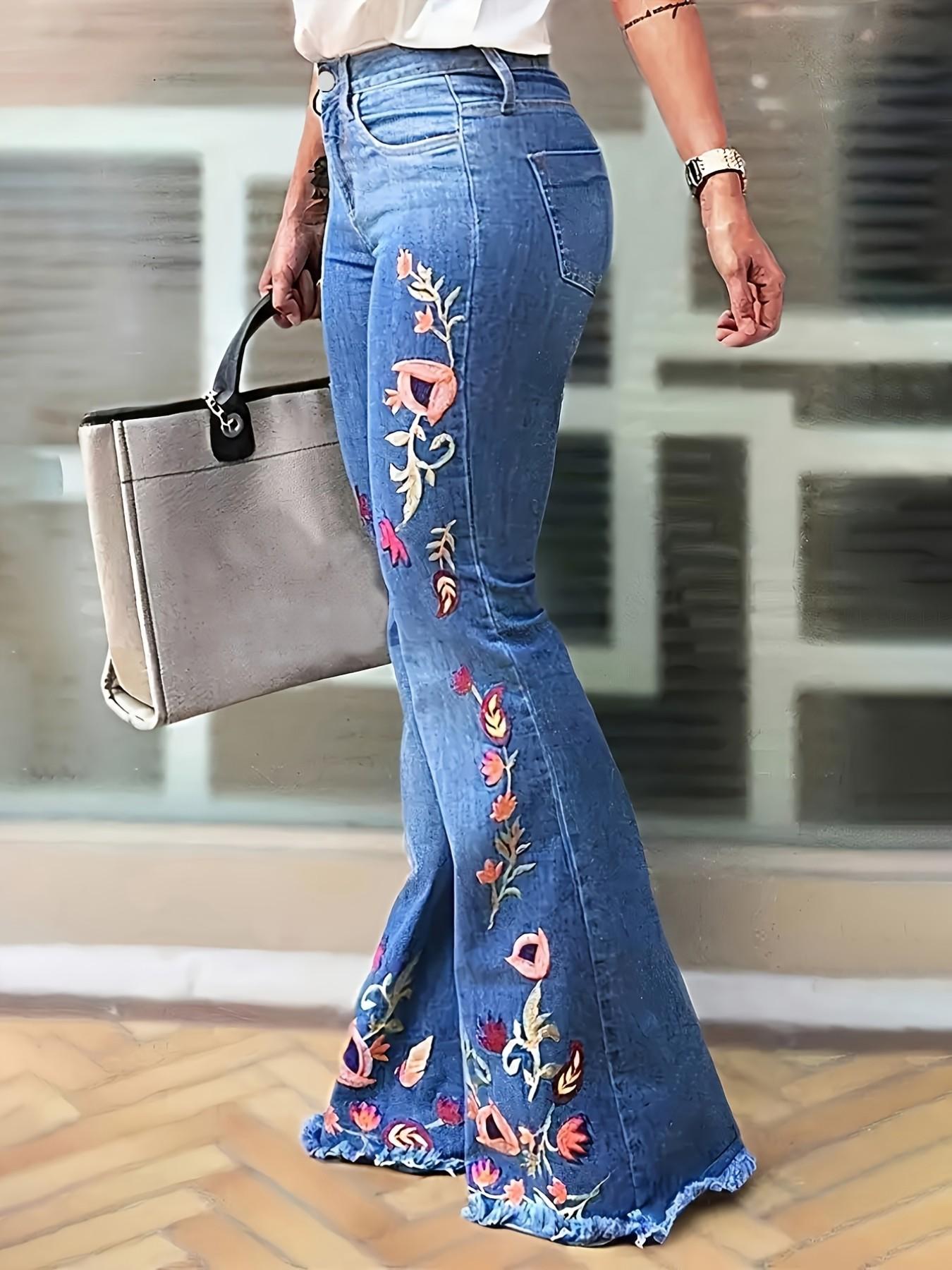 Floral Embroidered Flare Jeans, Casual Versatile Denim Jeans, Slim-Fitting Design, Plain Pattern, Perfect for Everyday Wear, Womenswear, Pants, Bottom Floral Embroidered Flare Jeans, Casual Versatile Denim Jeans, Slim-Fitting Design, Plain Pattern, Perfect for Everyday Wear, Womenswear, Pants, Bottom