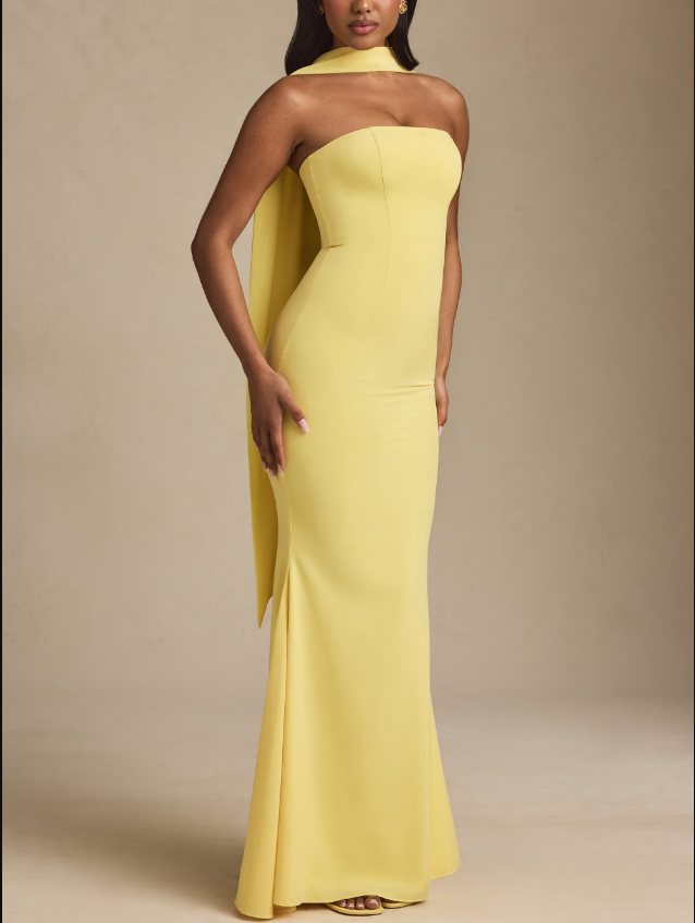  Elegant Strapless Fitted Long Gown with Scarf