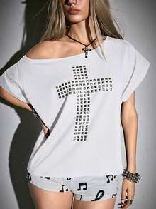 🖤 Gothic Punk Studded Cross Slash-Back T-Shirt