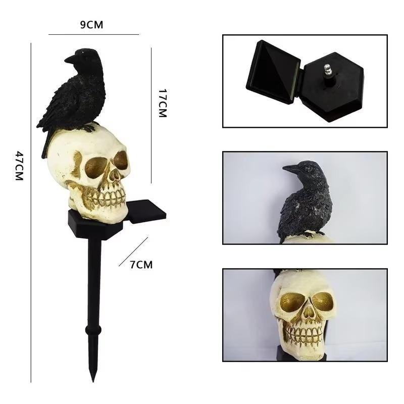☠️ Crow Skull Solar Garden Stake Light | Halloween Outdoor Gothic Landscape Decor Lamp