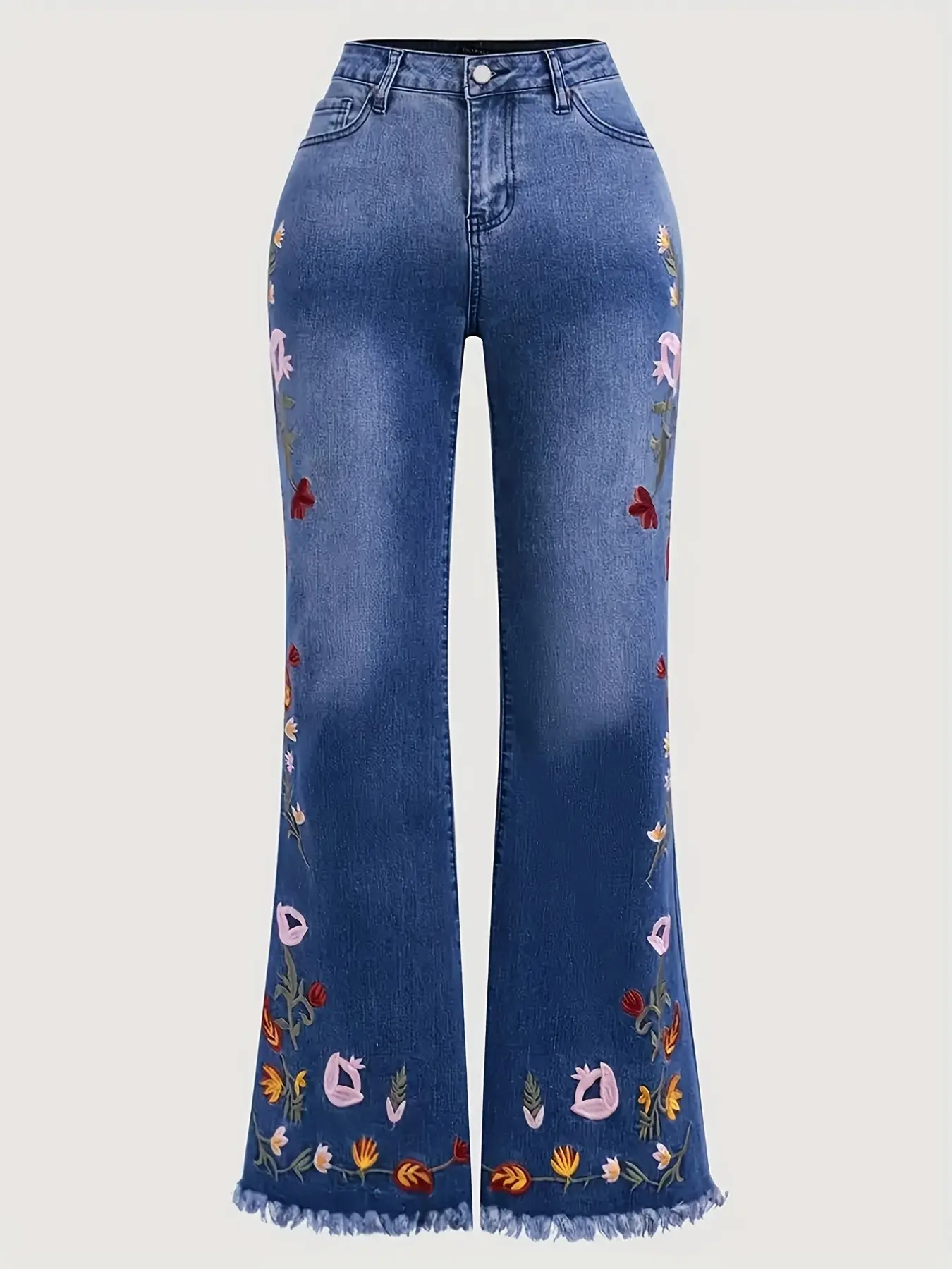 Floral Embroidered Flare Jeans, Casual Versatile Denim Jeans, Slim-Fitting Design, Plain Pattern, Perfect for Everyday Wear, Womenswear, Pants, Bottom